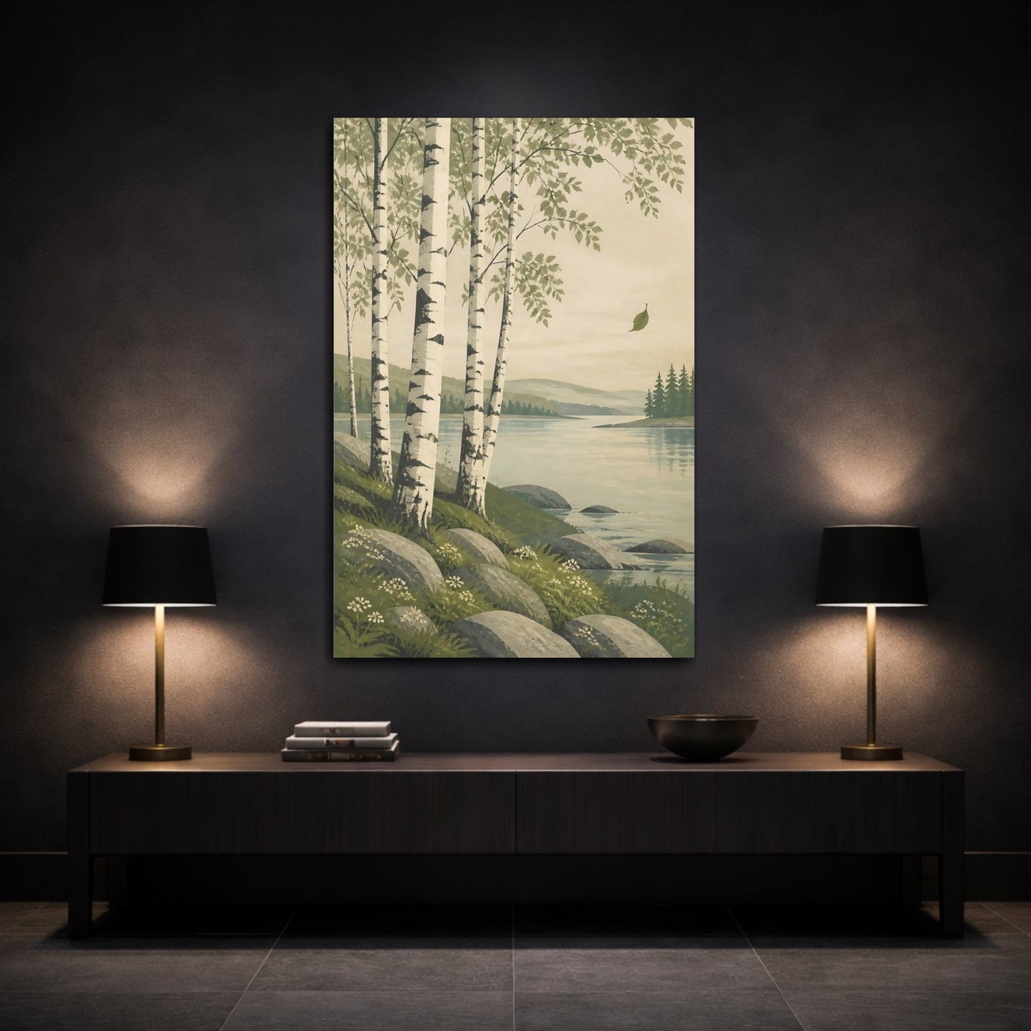 Mockup 3. Birch Trees By Lake shown as canvas print
