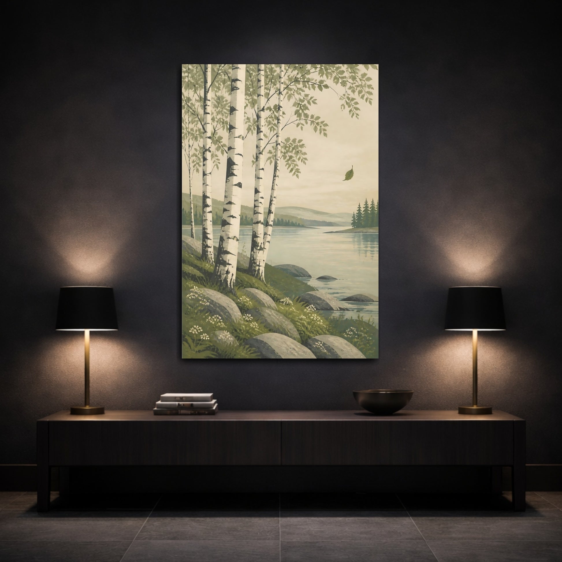 Mockup 3. Birch Trees By Lake shown as canvas print