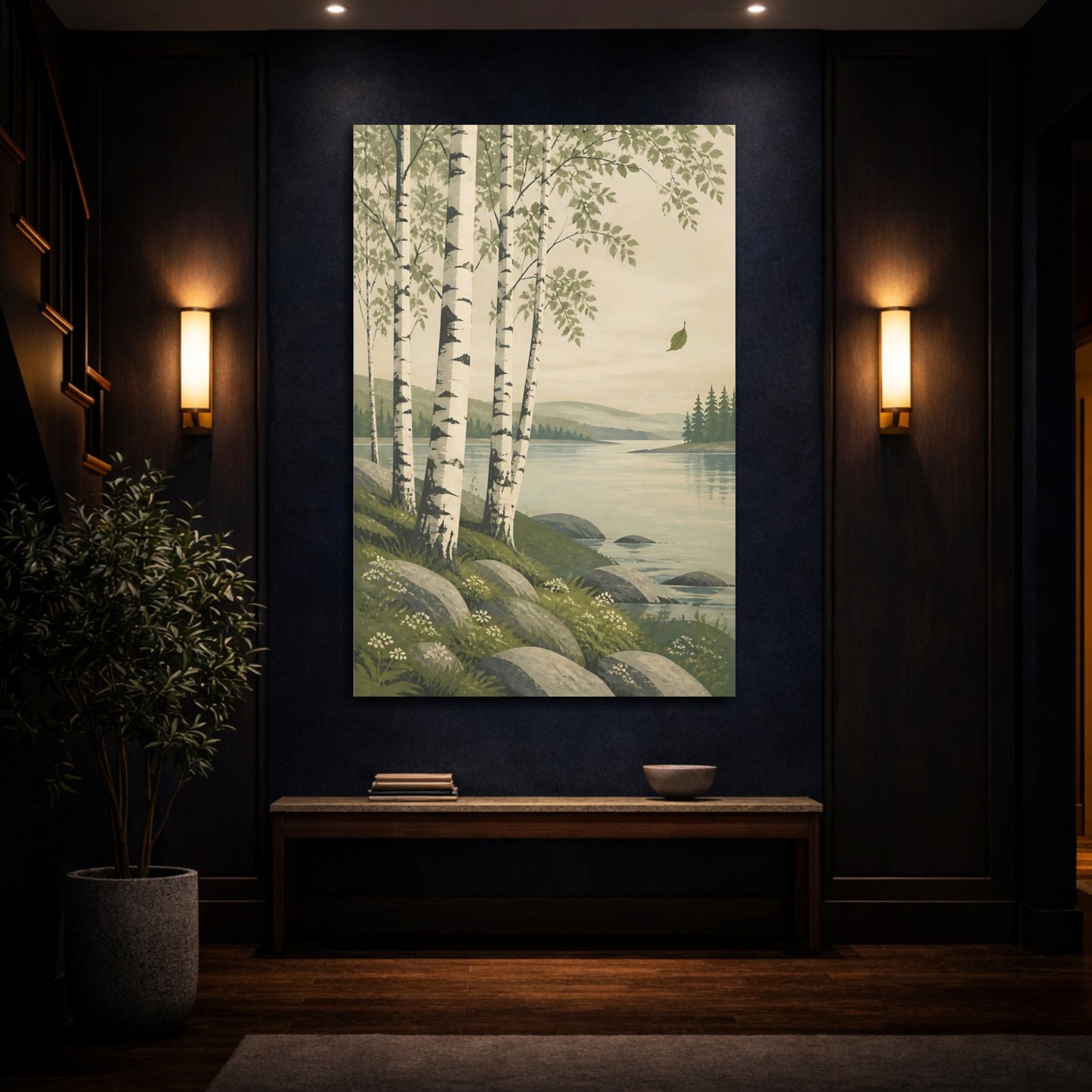 Mockup 4. Birch Trees By Lake shown as canvas print