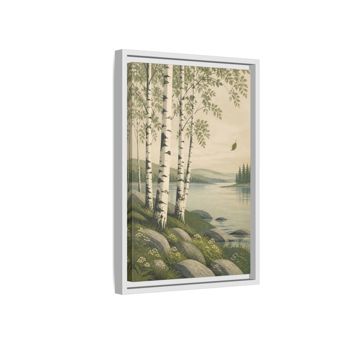 Side Mockup 4. Birch Trees By The Lake shown as framed canvas print