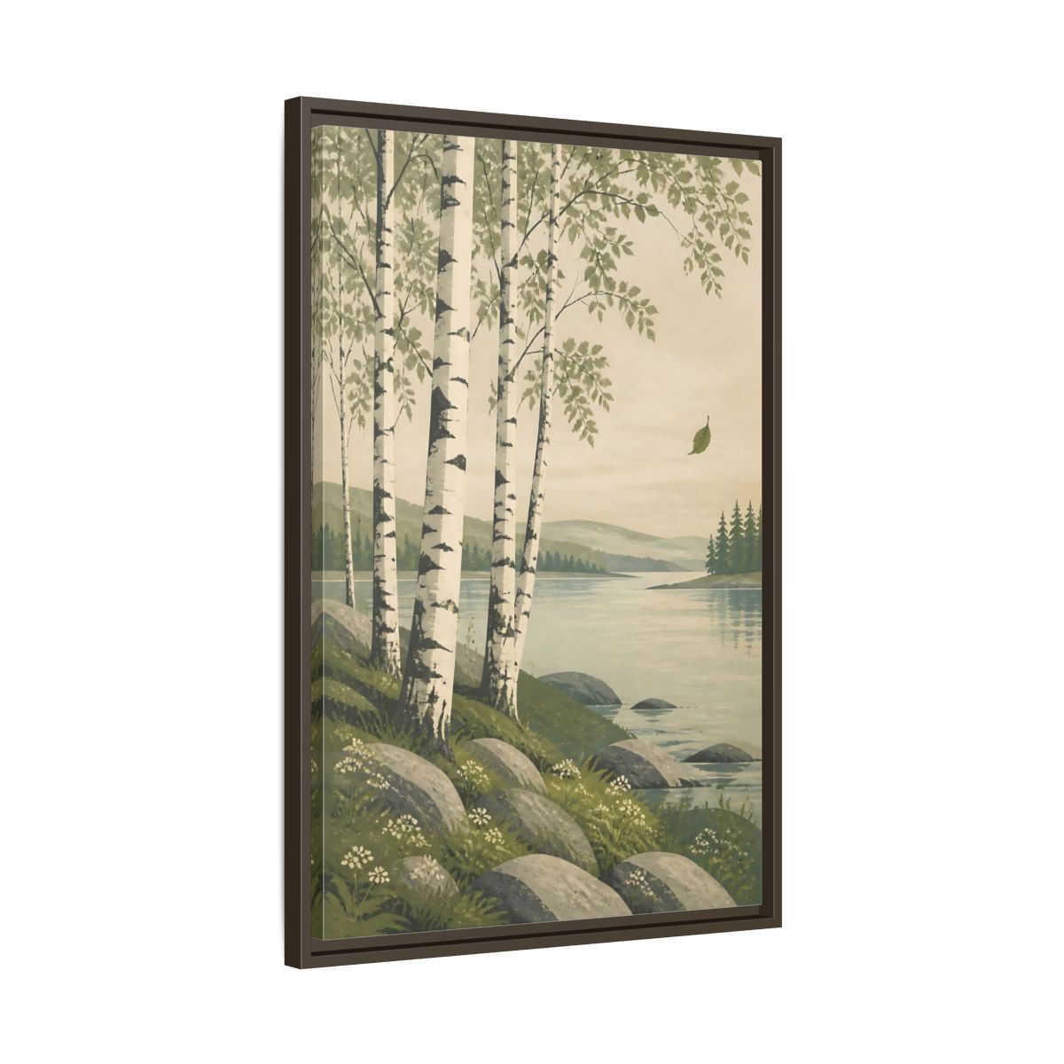 Side Mockup 11. Birch Trees By The Lake shown as framed canvas print