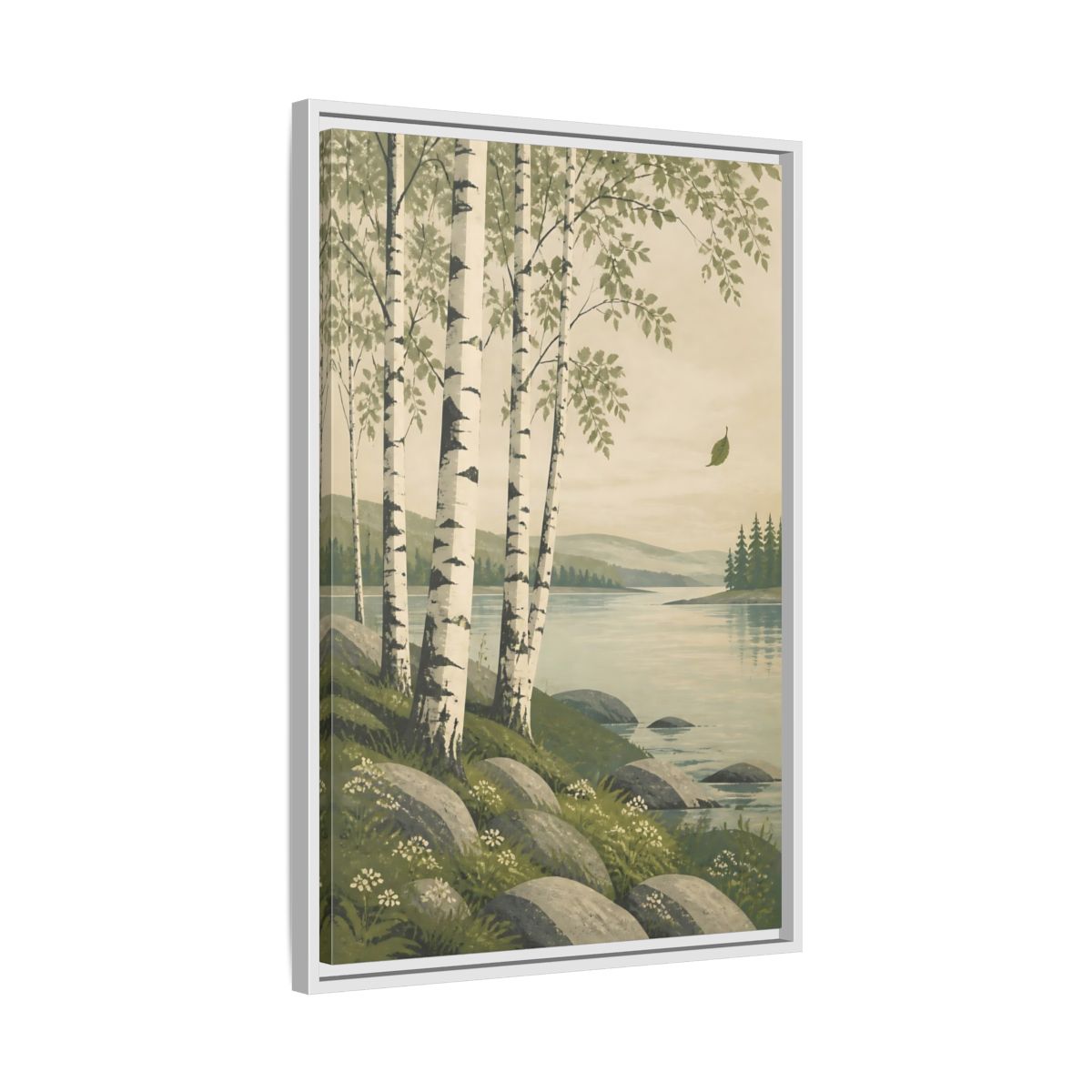 Side Mockup 10. Birch Trees By The Lake shown as framed canvas print