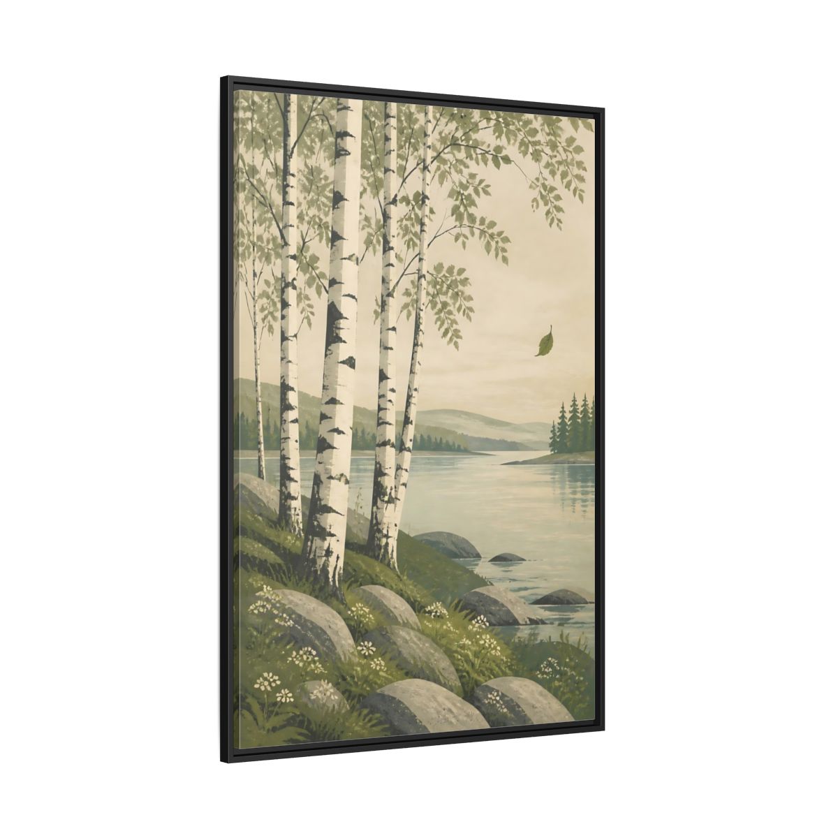 Side Mockup 12. Birch Trees By The Lake shown as framed canvas print