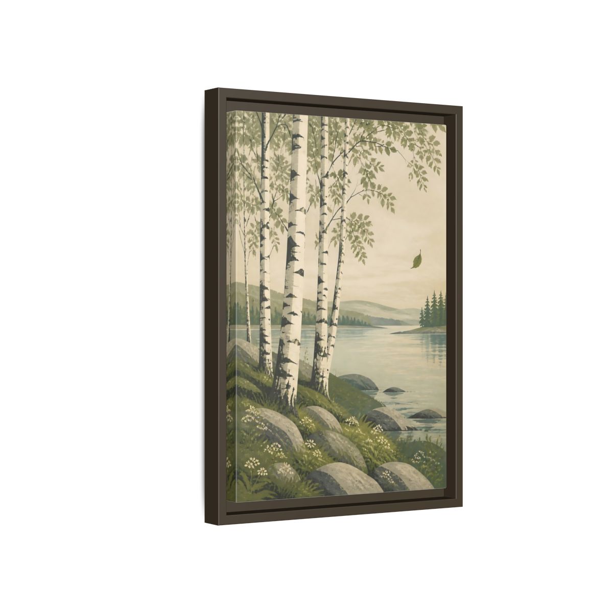 Side Mockup 5. Birch Trees By The Lake shown as framed canvas print