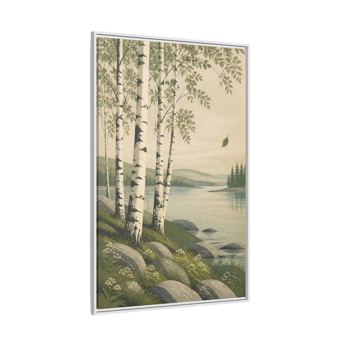 Side Mockup 7. Birch Trees By The Lake shown as framed canvas print