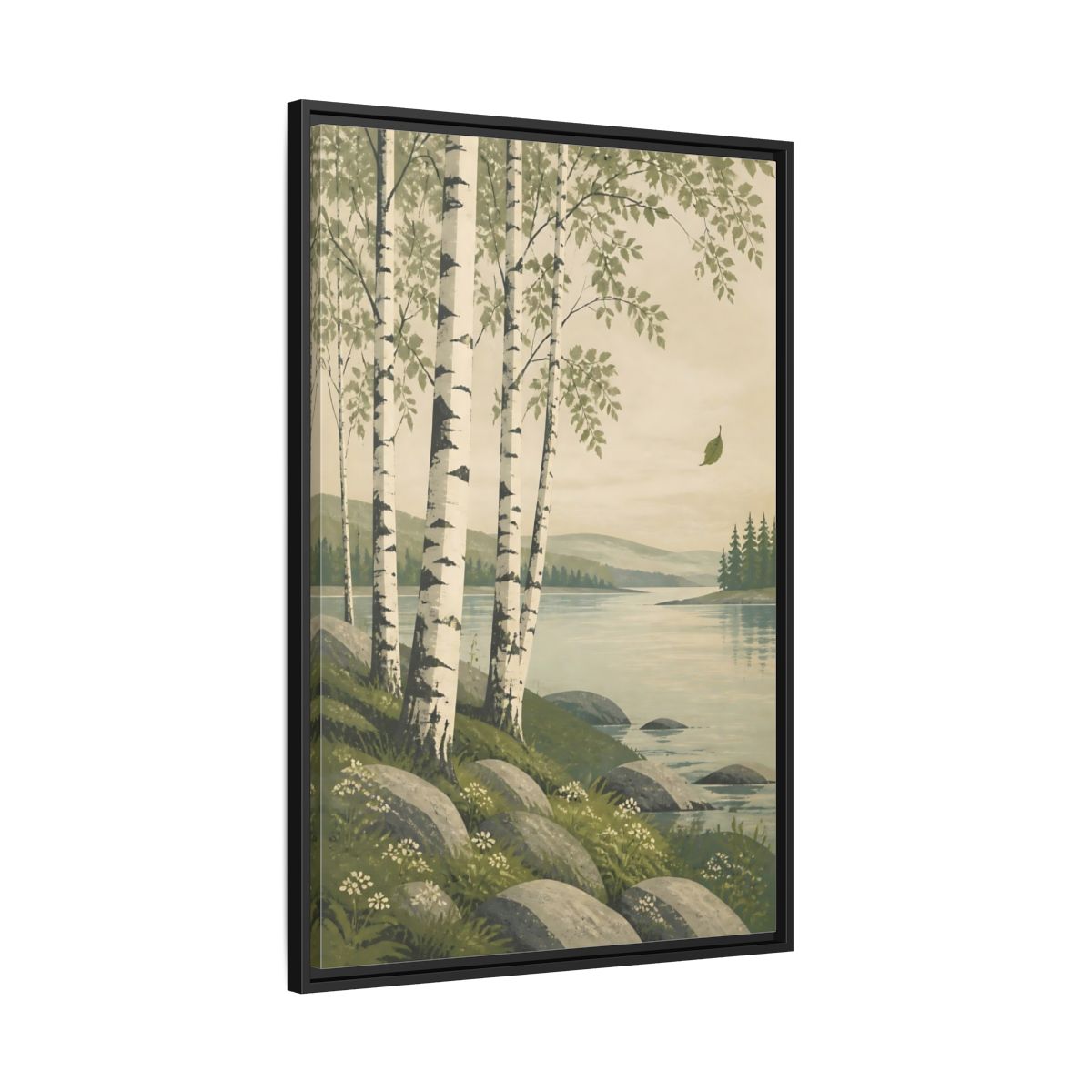 Side Mockup 13. Birch Trees By The Lake shown as framed canvas print