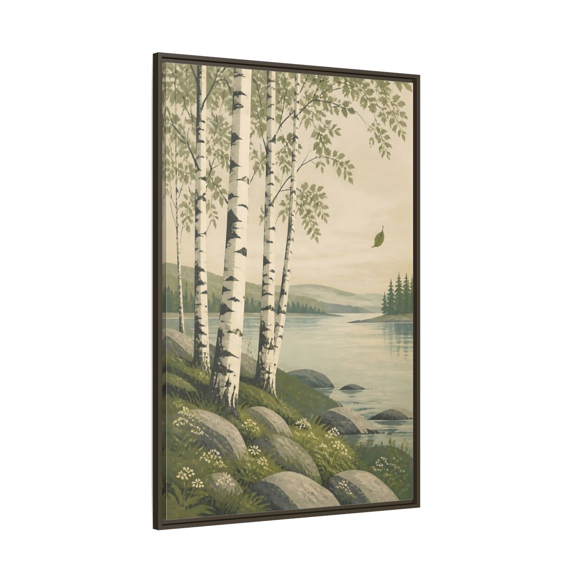 Side Mockup 8. Birch Trees By The Lake shown as framed canvas print