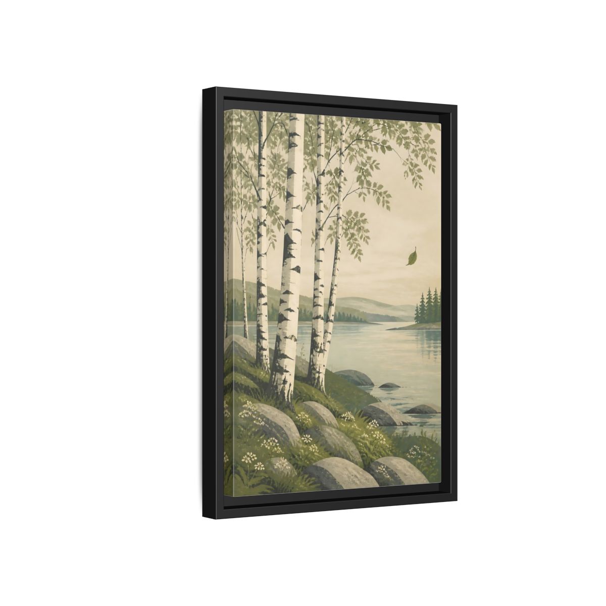 Side Mockup 6. Birch Trees By The Lake shown as framed canvas print
