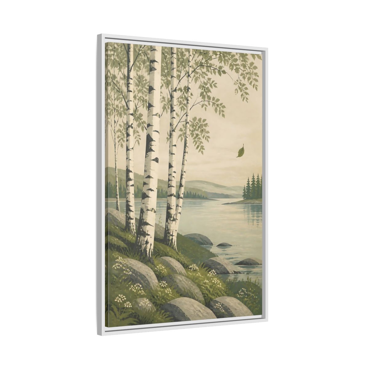 Side Mockup 9. Birch Trees By The Lake shown as framed canvas print