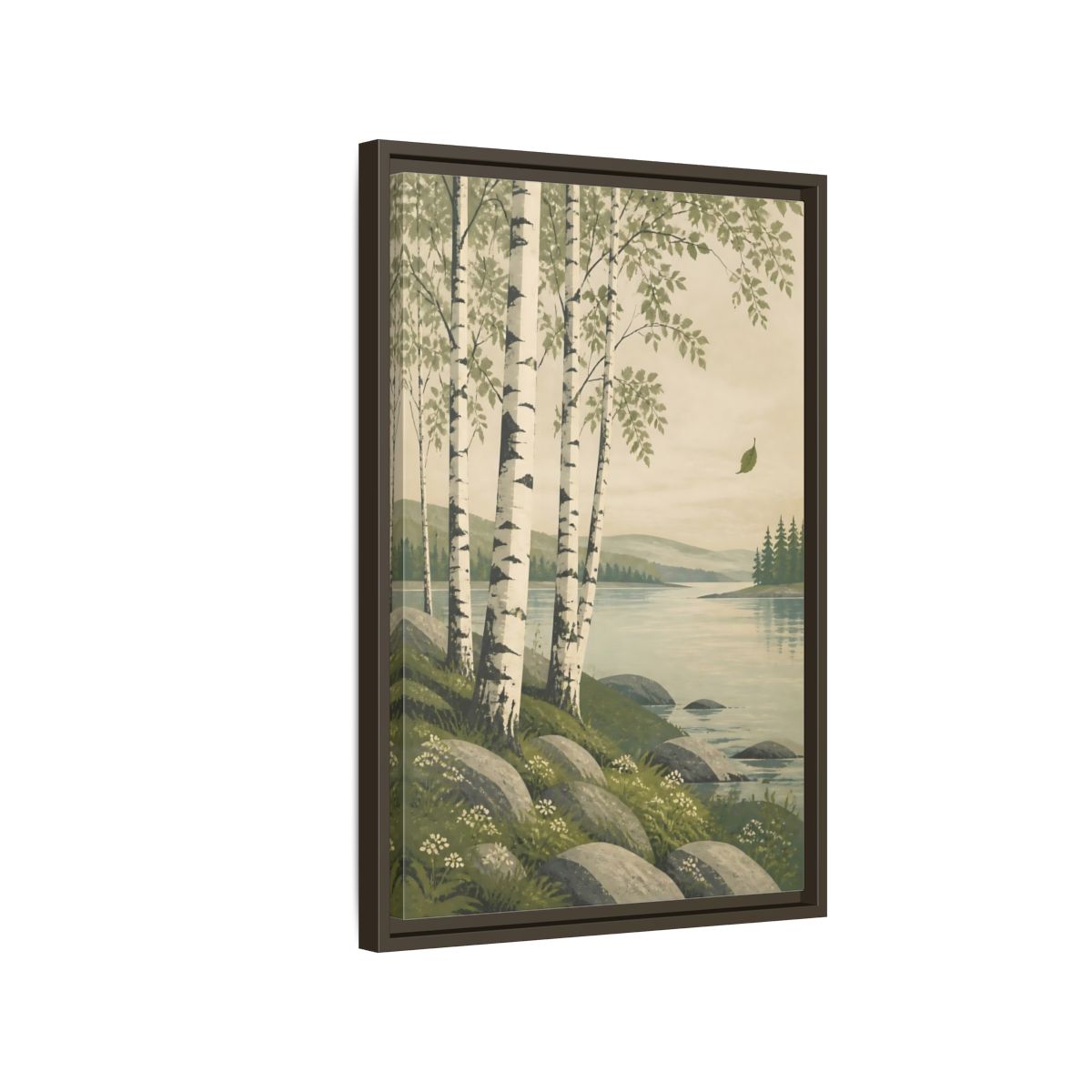 Side Mockup 2. Birch Trees By The Lake shown as framed canvas print