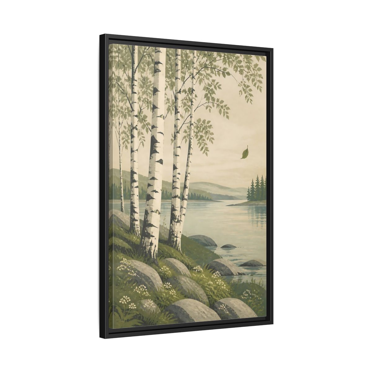 Side Mockup 14. Birch Trees By The Lake shown as framed canvas print