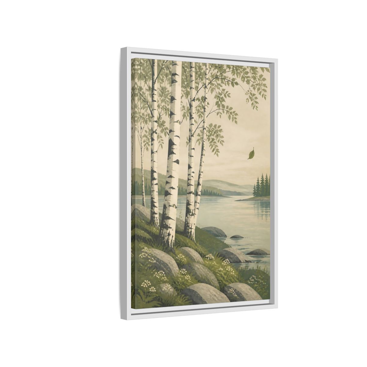 Side Mockup 1. Birch Trees By The Lake shown as framed canvas print