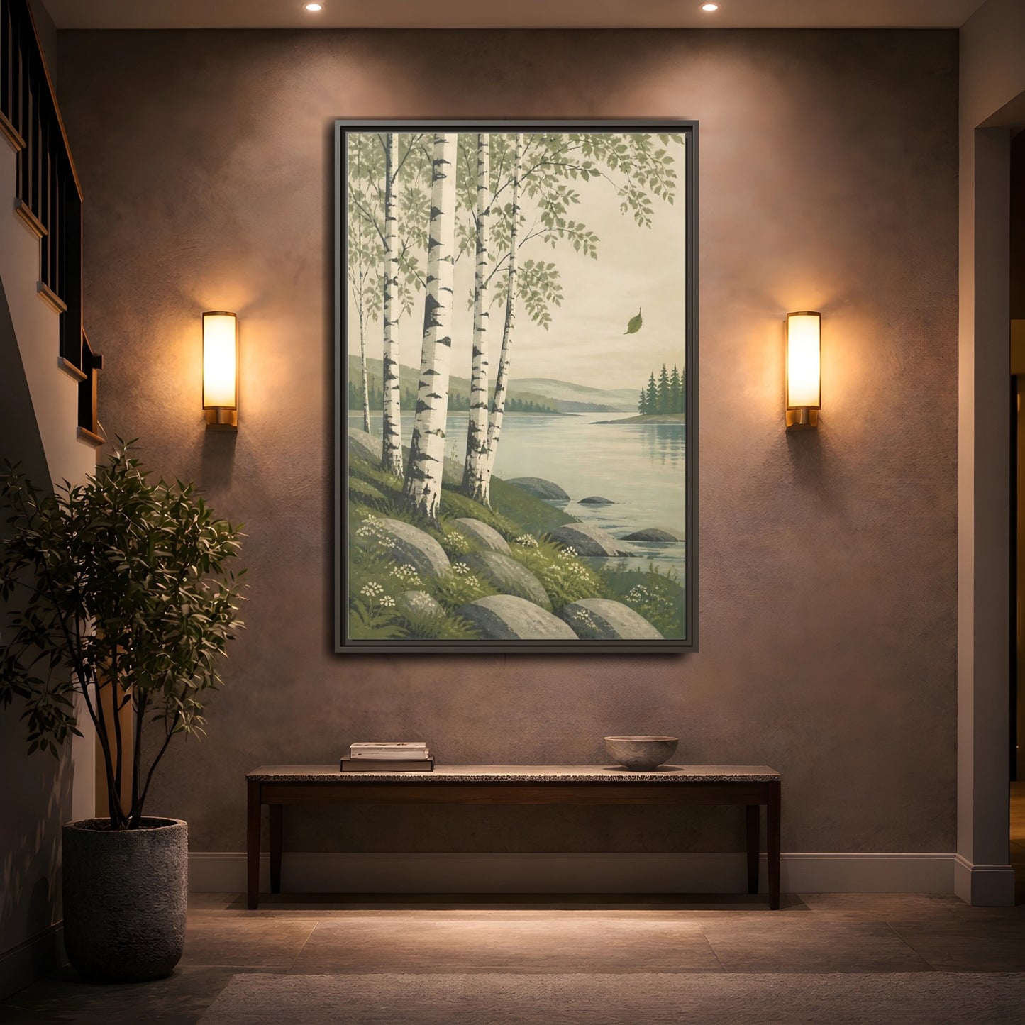 Mockup 2. Birch Trees By The Lake shown as framed canvas print