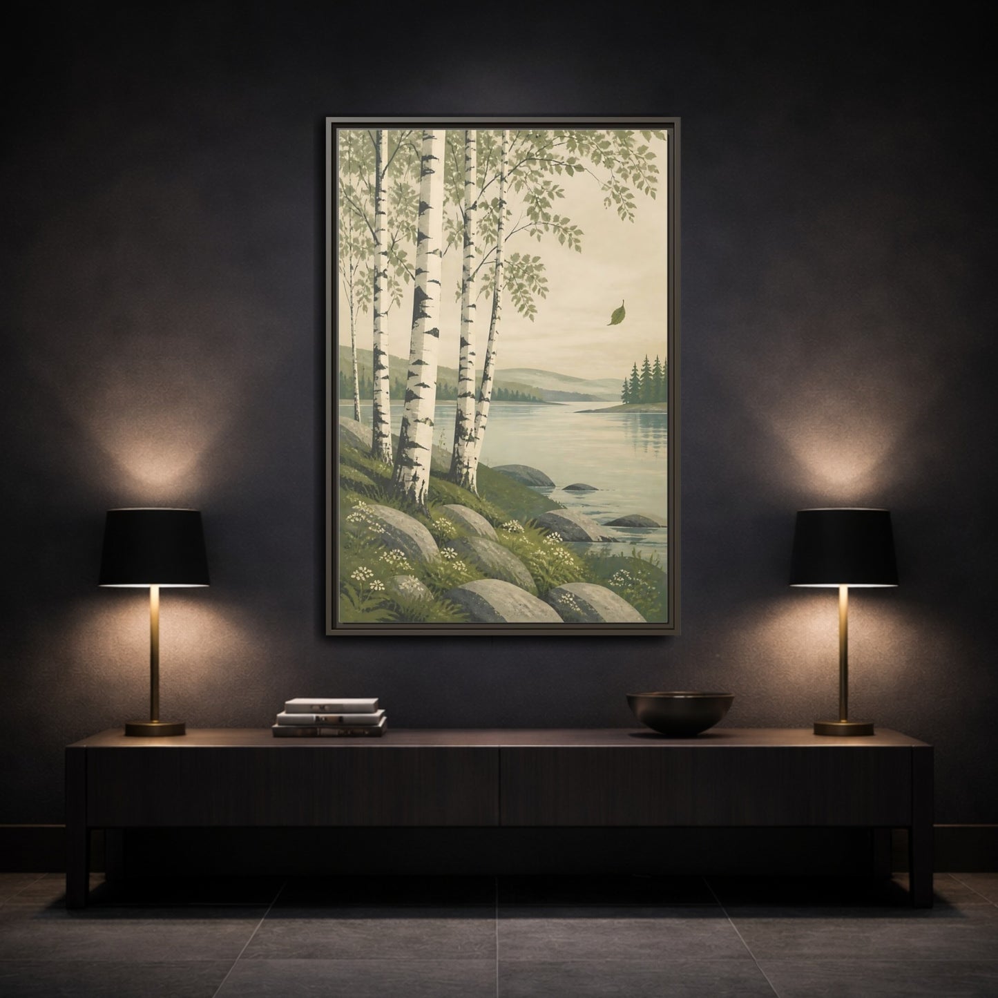 Mockup 3. Birch Trees By The Lake shown as framed canvas print