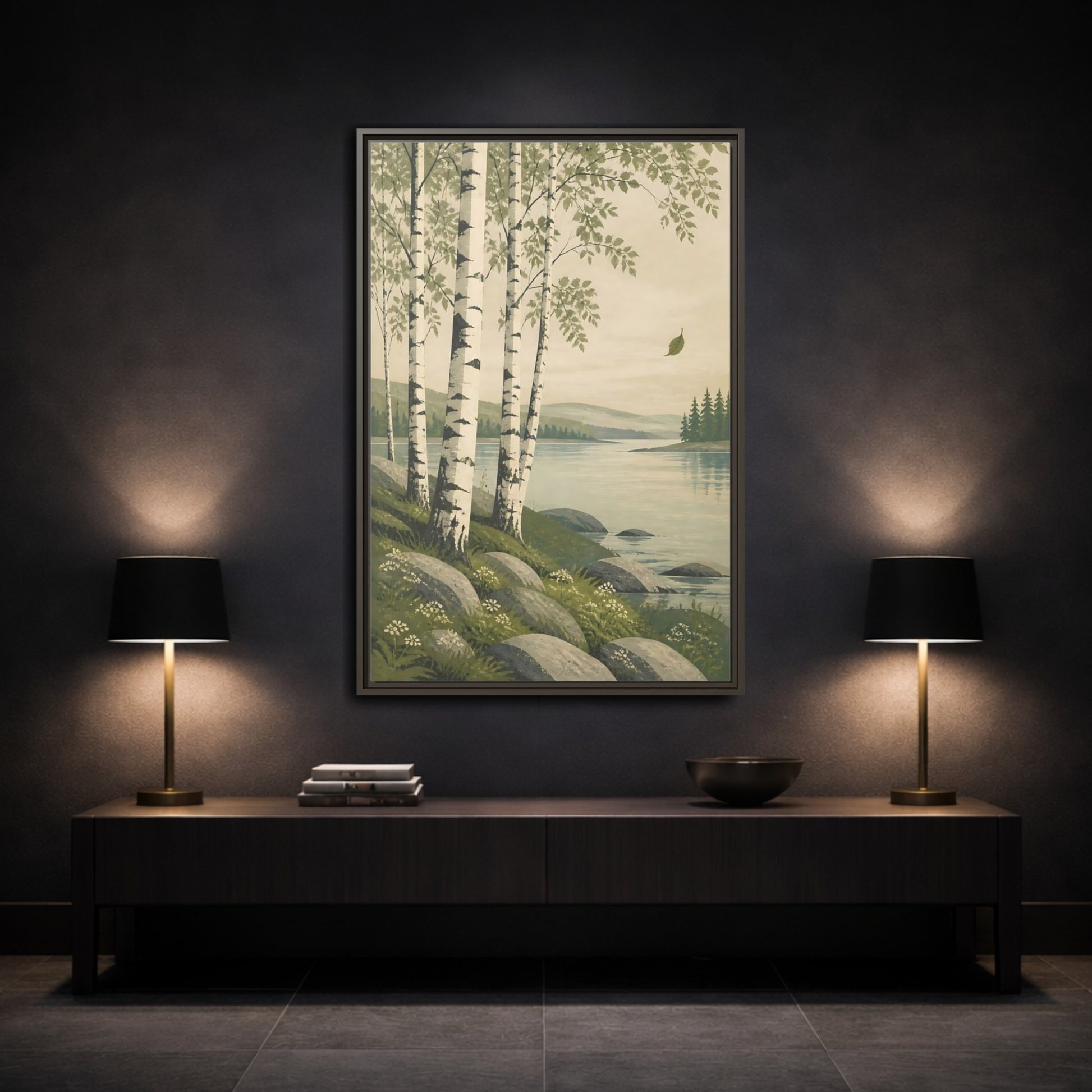 Mockup 3. Birch Trees By The Lake shown as framed canvas print
