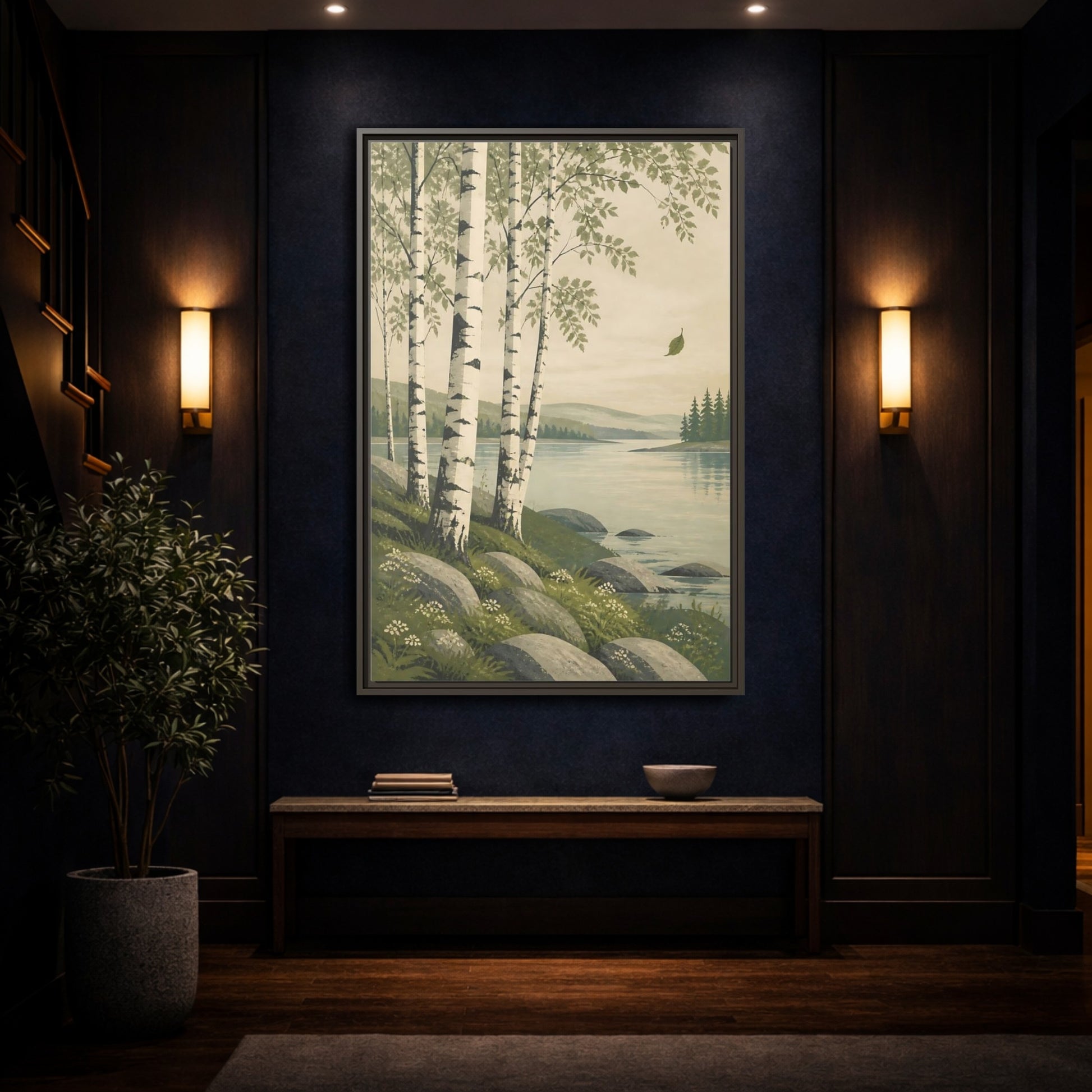 Mockup 4. Birch Trees By The Lake shown as framed canvas print