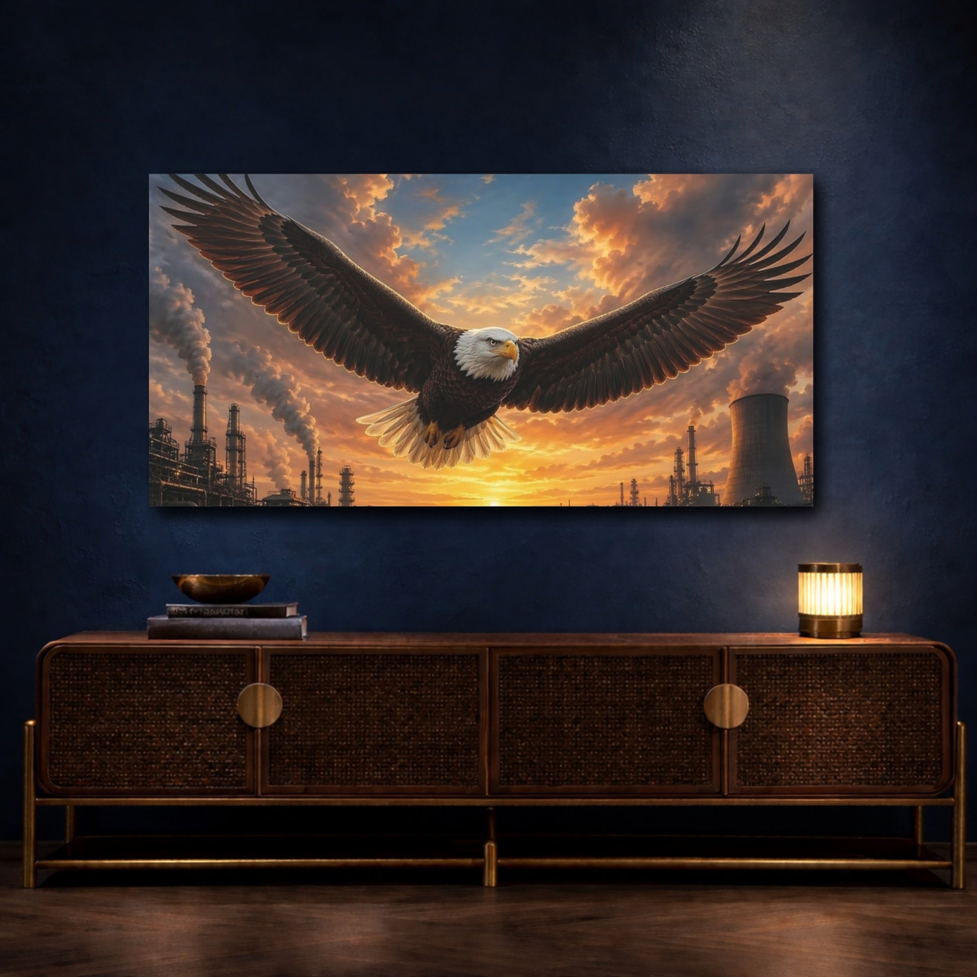 Mockup 4. Birds Bald Eagle Eagle Sunset shown as stretched canvas wall art