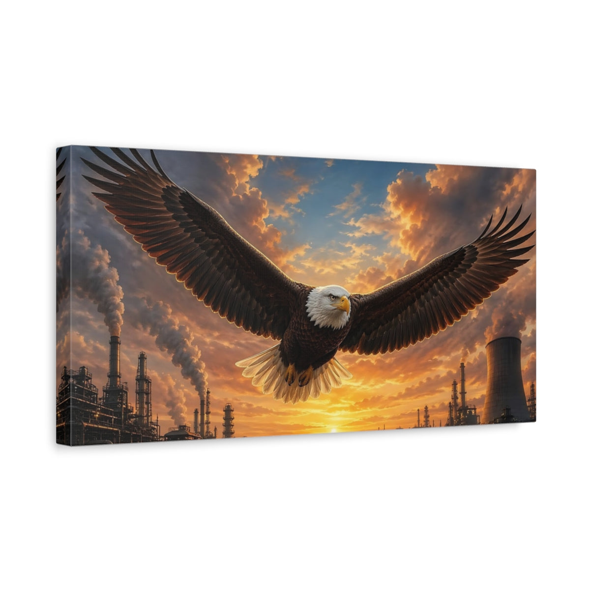 Side Mockup 3. Birds Bald Eagle Eagle Sunset shown as stretched canvas wall art
