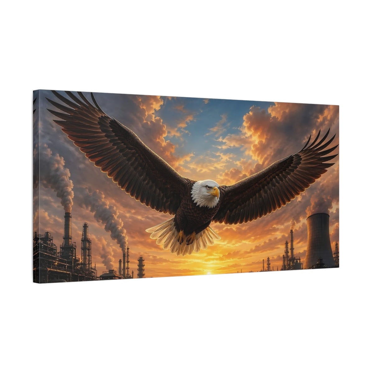 Side Mockup 1. Birds Bald Eagle Eagle Sunset shown as stretched canvas wall art