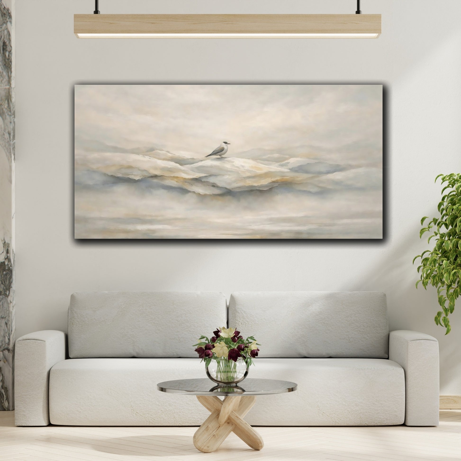 Mockup 3. Birds Bird Misty Bird Landscape shown as stretched canvas wall art