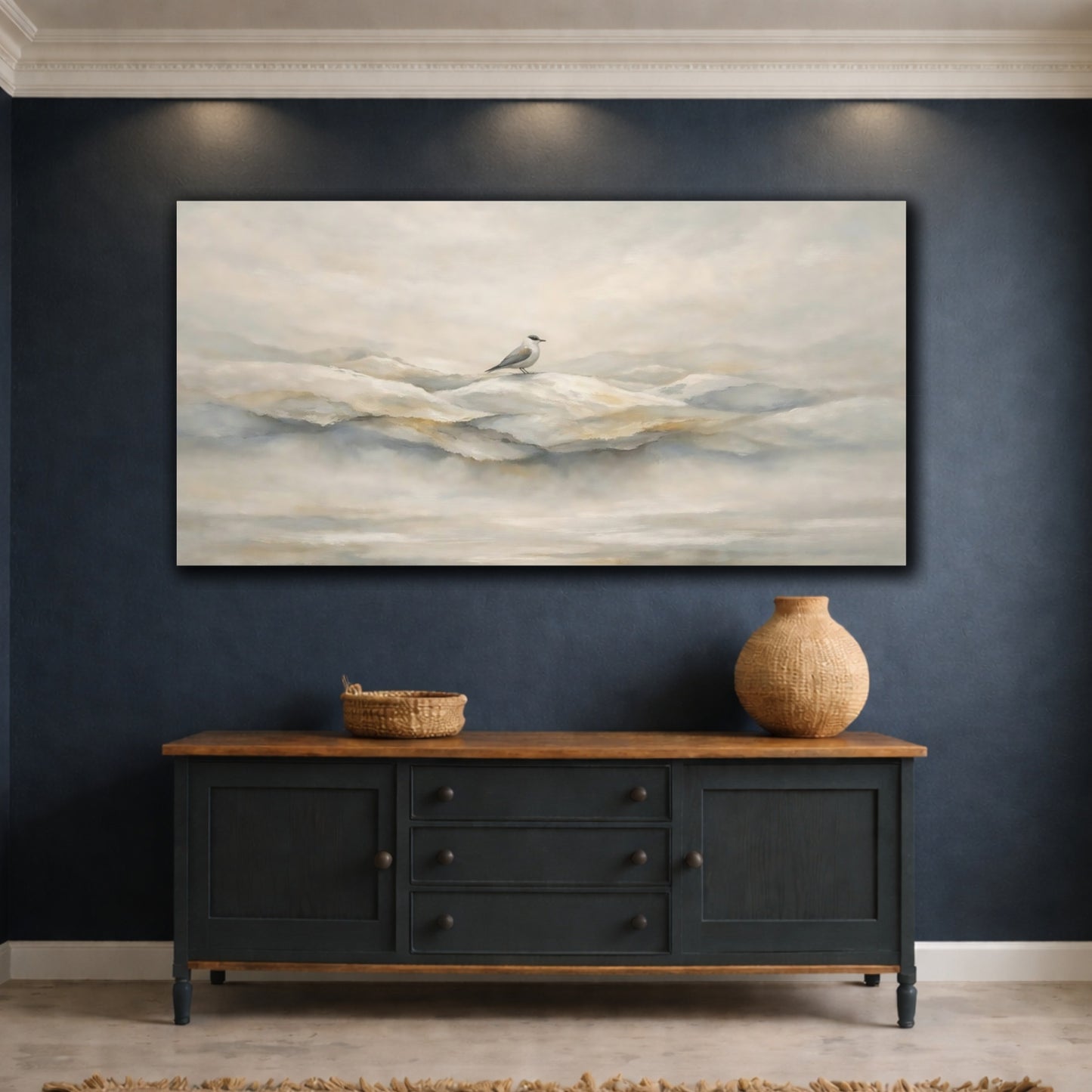 Mockup 4. Birds Bird Misty Bird Landscape shown as stretched canvas wall art