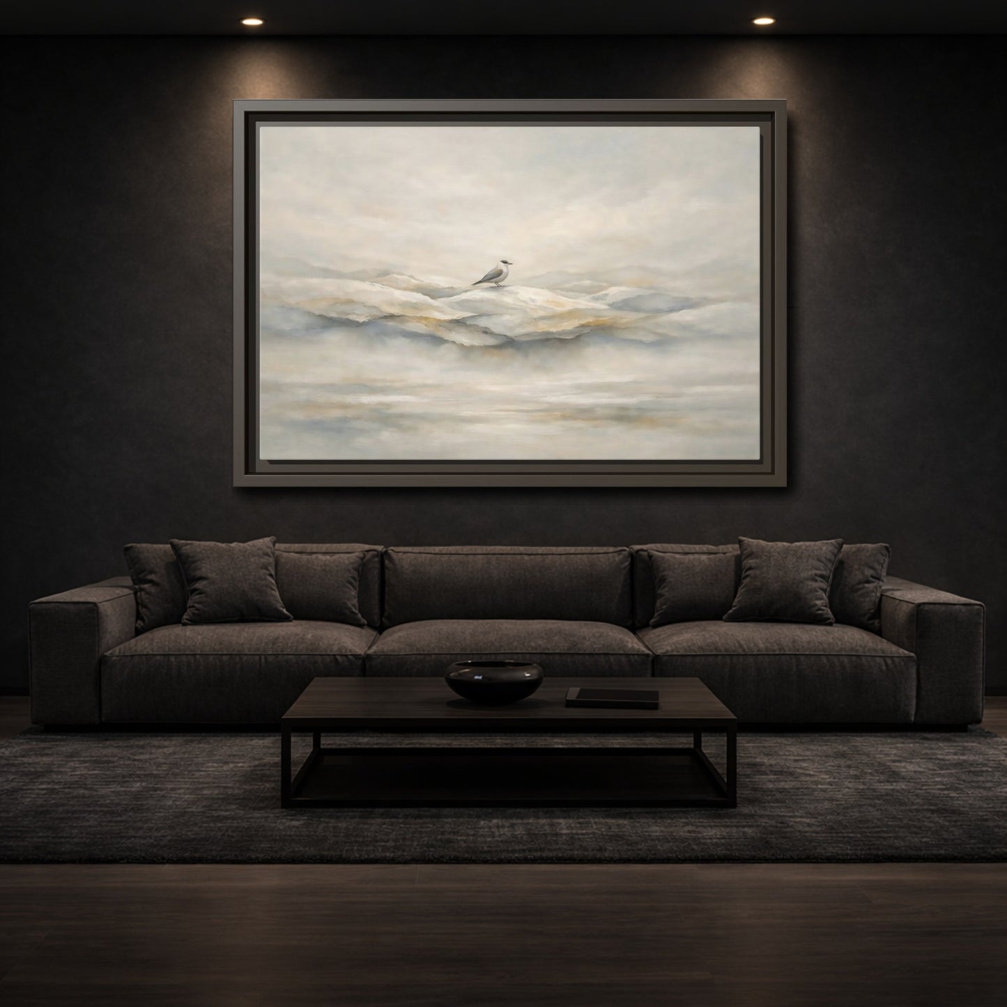 Mockup 2. Birds Bird Misty Grey shown as stretched canvas wall art