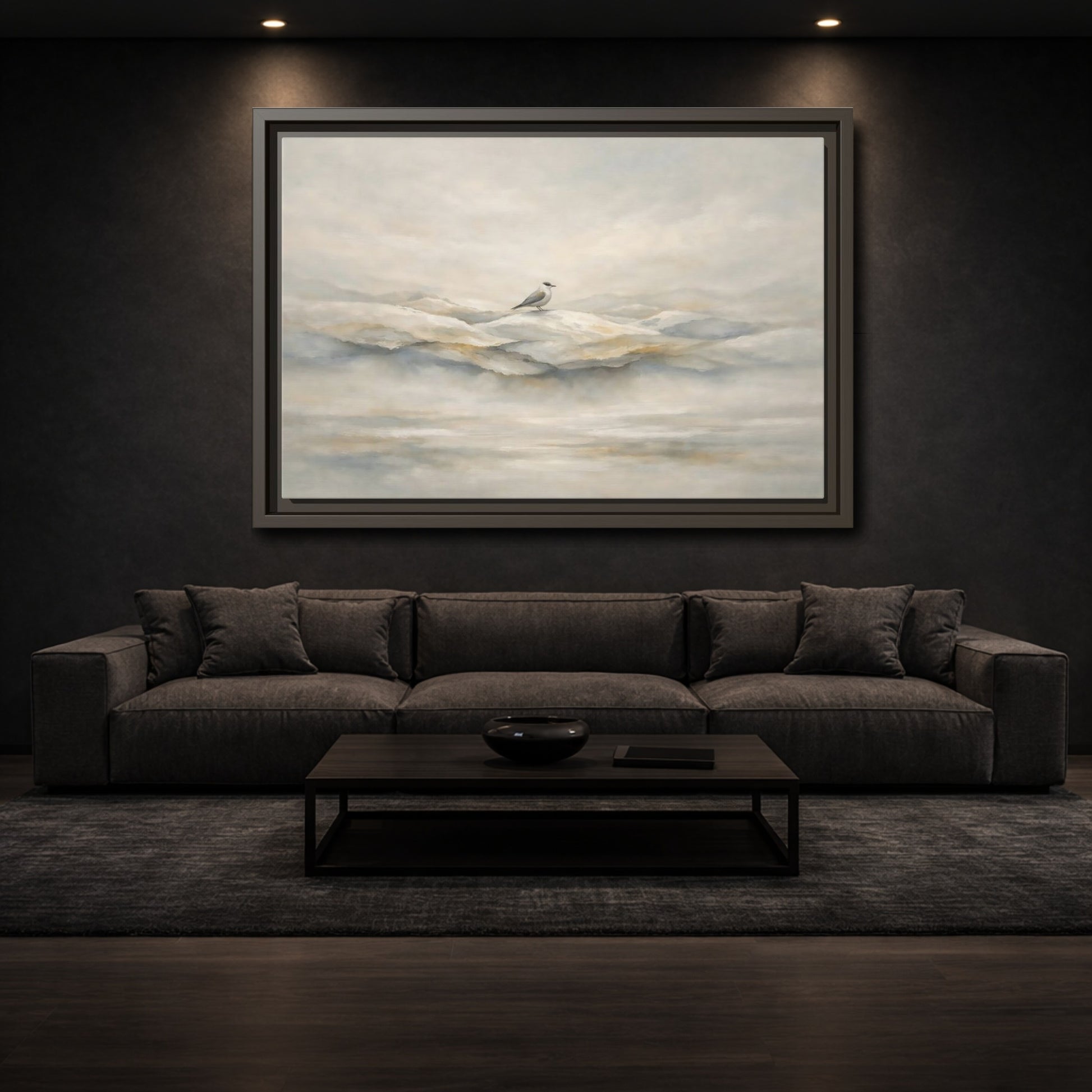 Mockup 2. Birds Bird Misty Grey shown as stretched canvas wall art