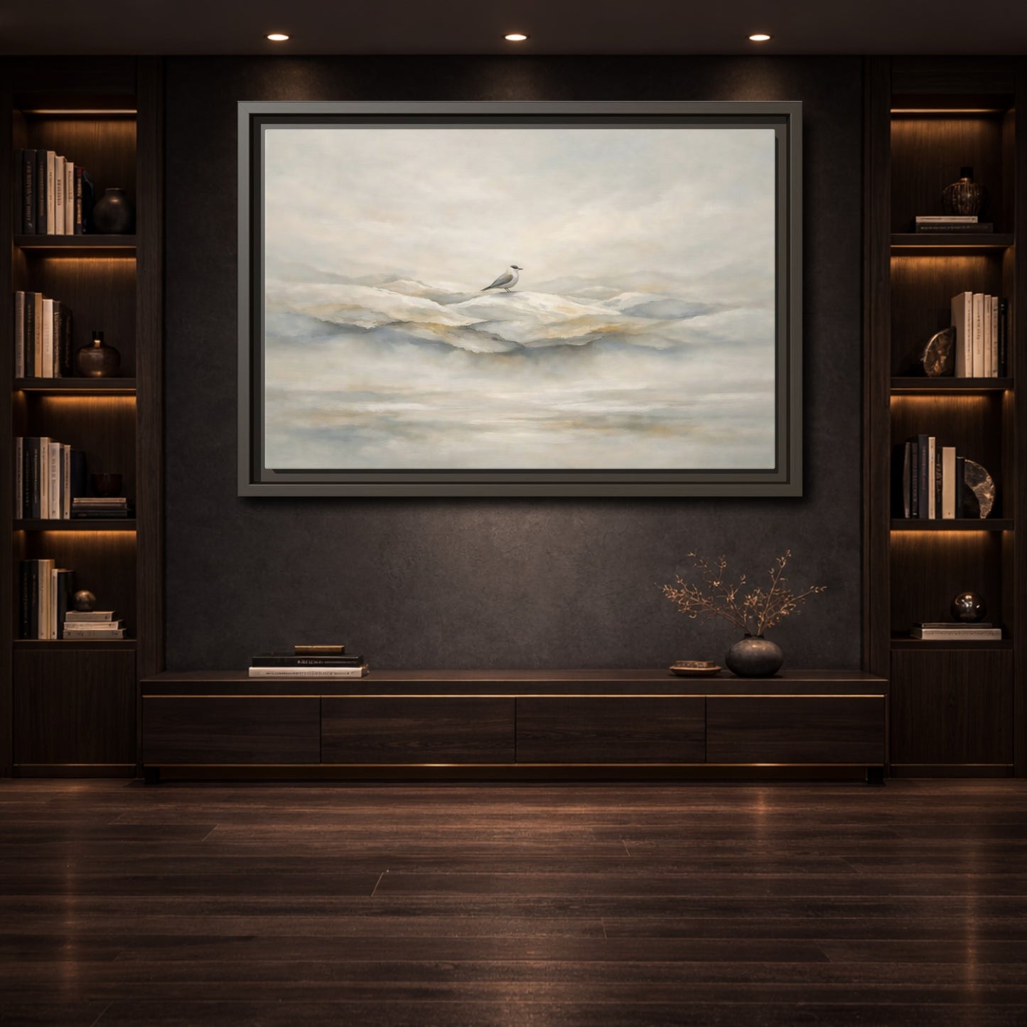 Mockup 3. Birds Bird Misty Grey shown as stretched canvas wall art