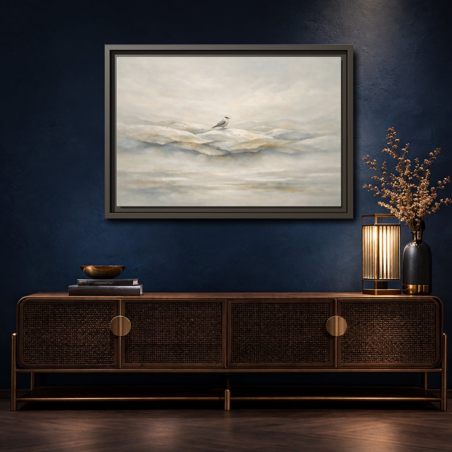 Mockup 4. Birds Bird Misty Grey shown as stretched canvas wall art