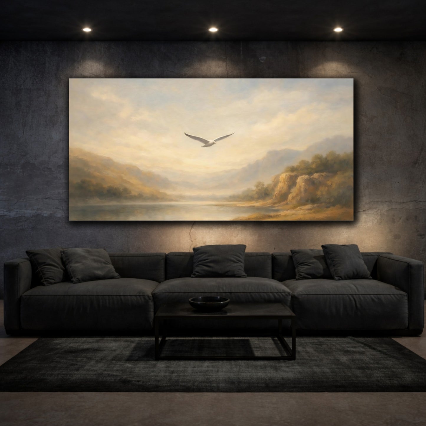 Mockup 2. Birds Bird Misty Landscape shown as stretched canvas wall art