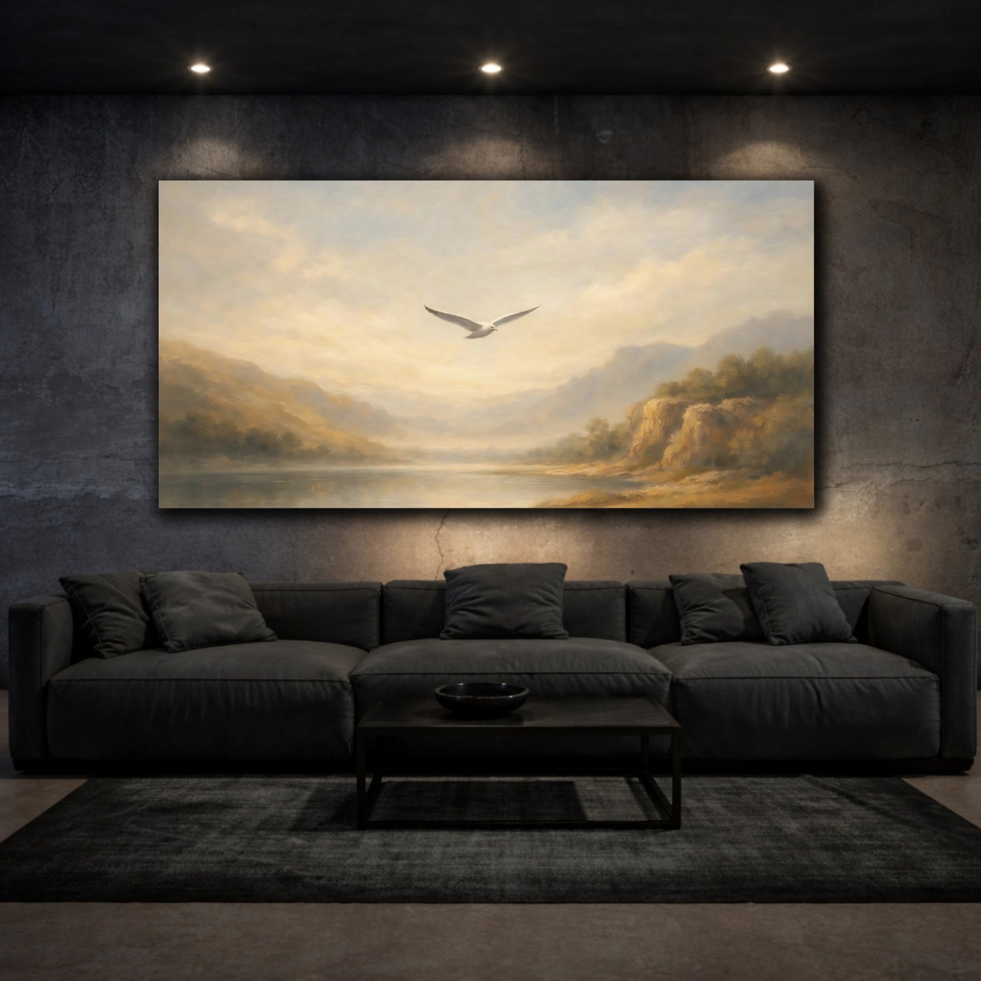 Mockup 2. Birds Bird Misty Landscape shown as stretched canvas wall art