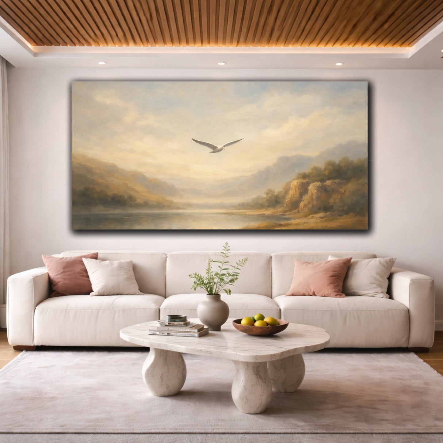 Mockup 3. Birds Bird Misty Landscape shown as stretched canvas wall art