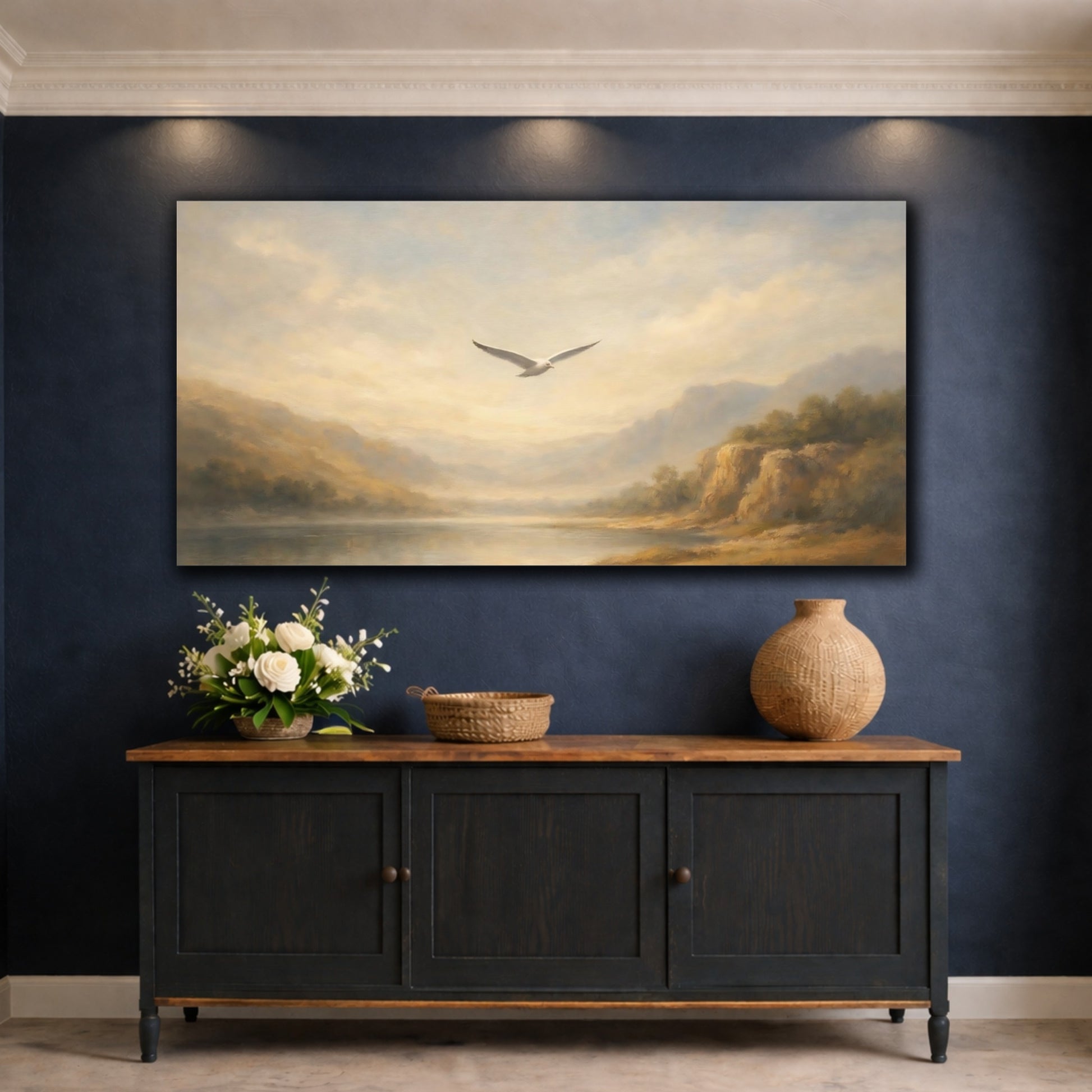 Mockup 4. Birds Bird Misty Landscape shown as stretched canvas wall art