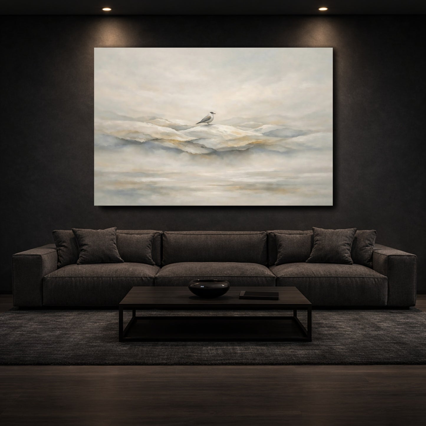 Mockup 2. Birds Bird Misty Neutral Bird shown as stretched canvas wall art