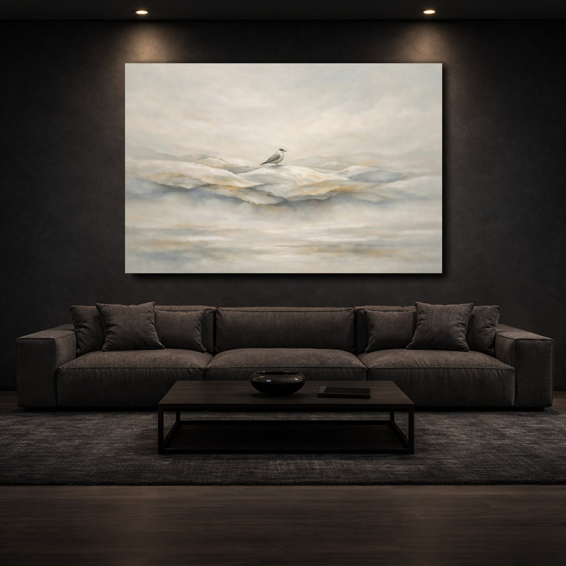 Mockup 2. Birds Bird Misty Neutral Bird shown as stretched canvas wall art