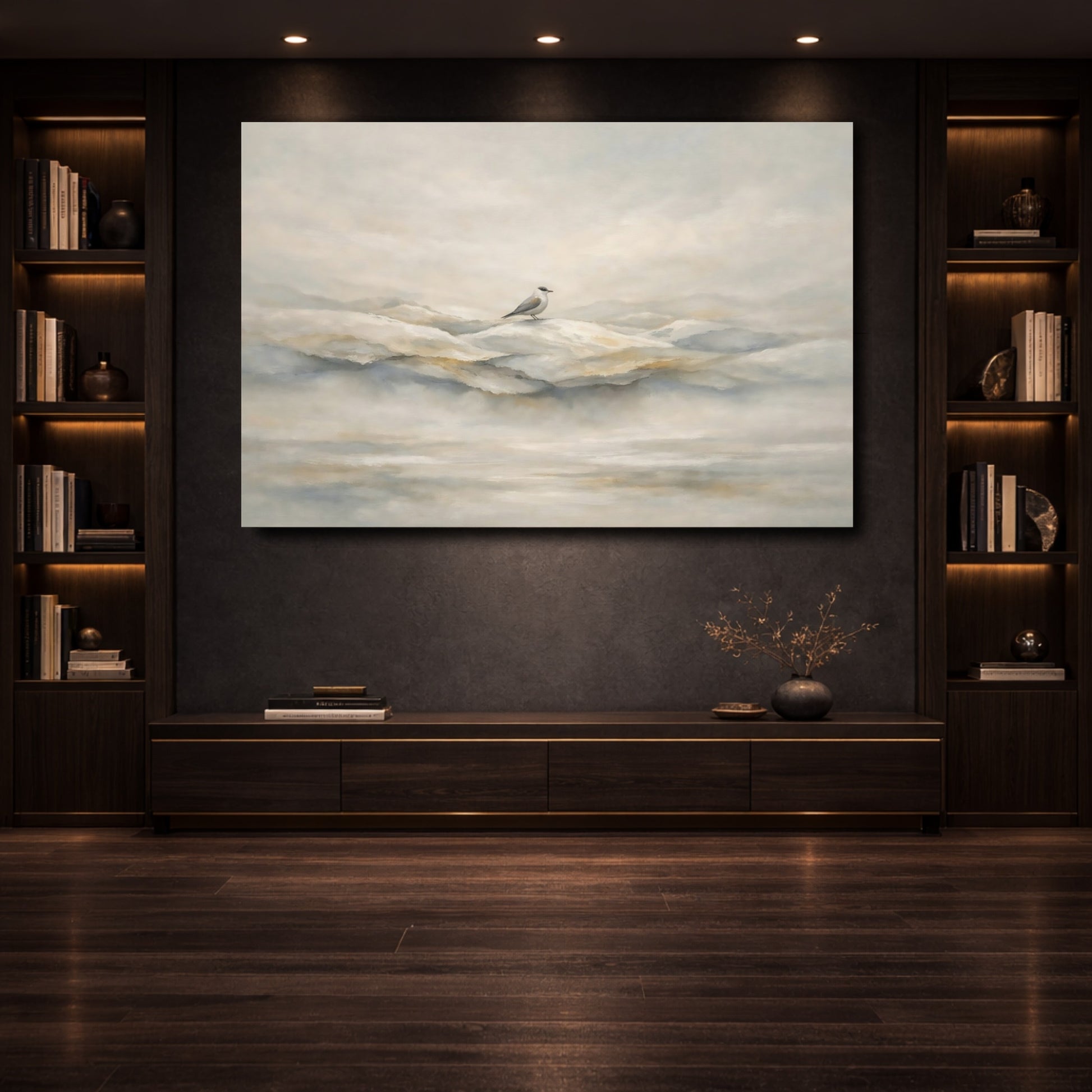 Mockup 3. Birds Bird Misty Neutral Bird shown as stretched canvas wall art