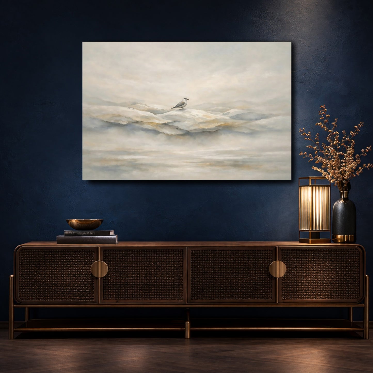 Mockup 4. Birds Bird Misty Neutral Bird shown as stretched canvas wall art