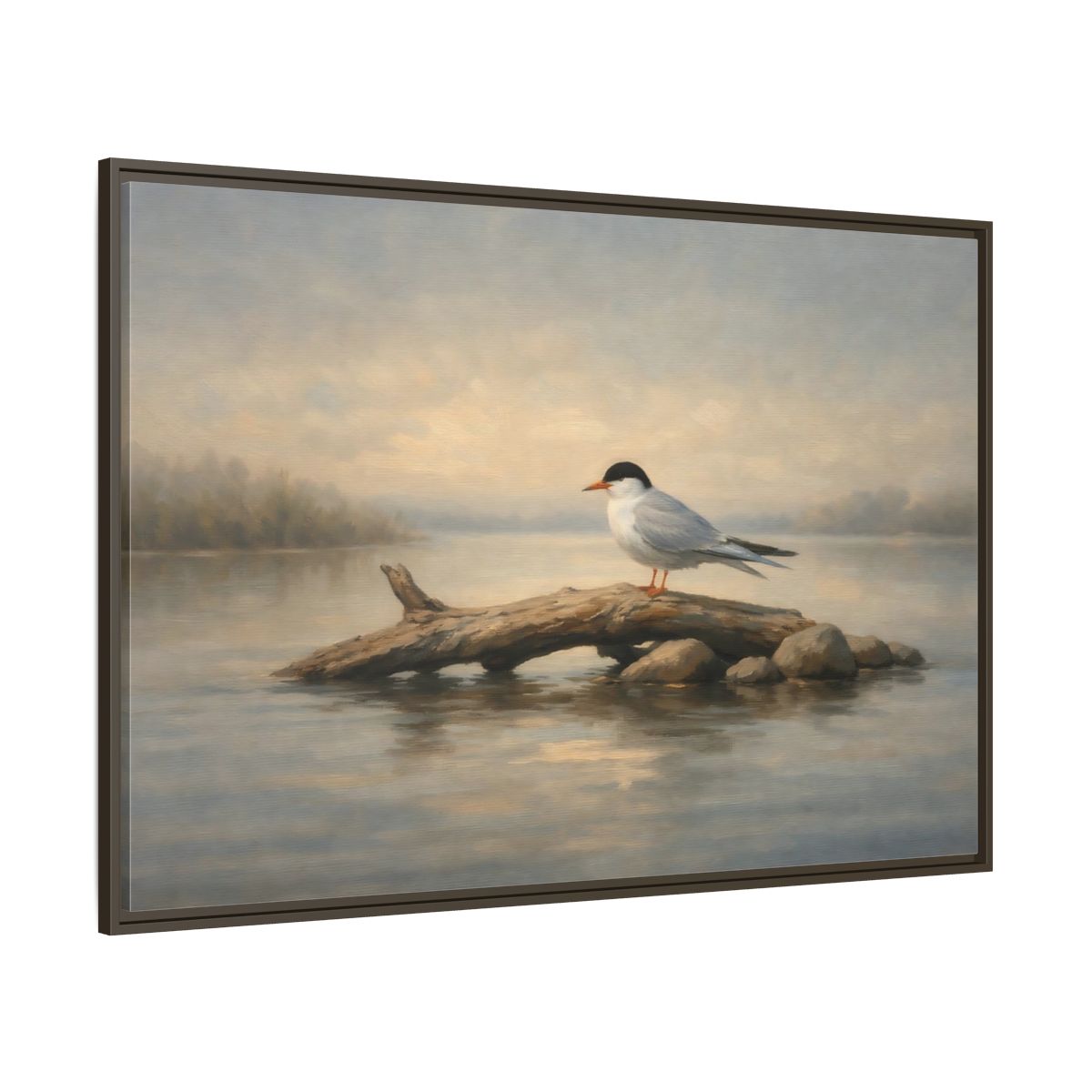 Main Mockup. Birds Bird On Log Misty Blue Bird shown as stretched canvas wall art