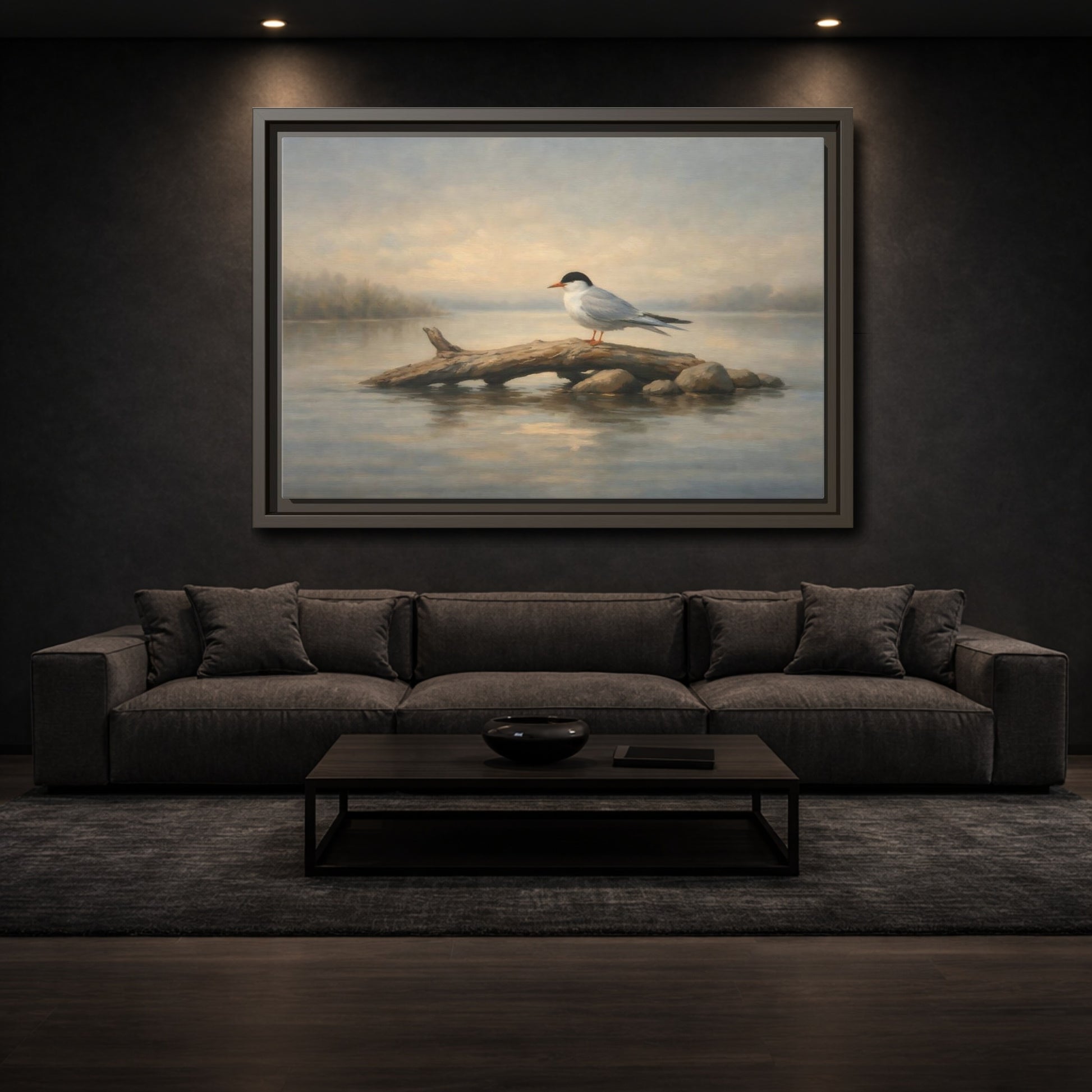 Mockup 2. Birds Bird On Log Misty Blue Bird shown as stretched canvas wall art