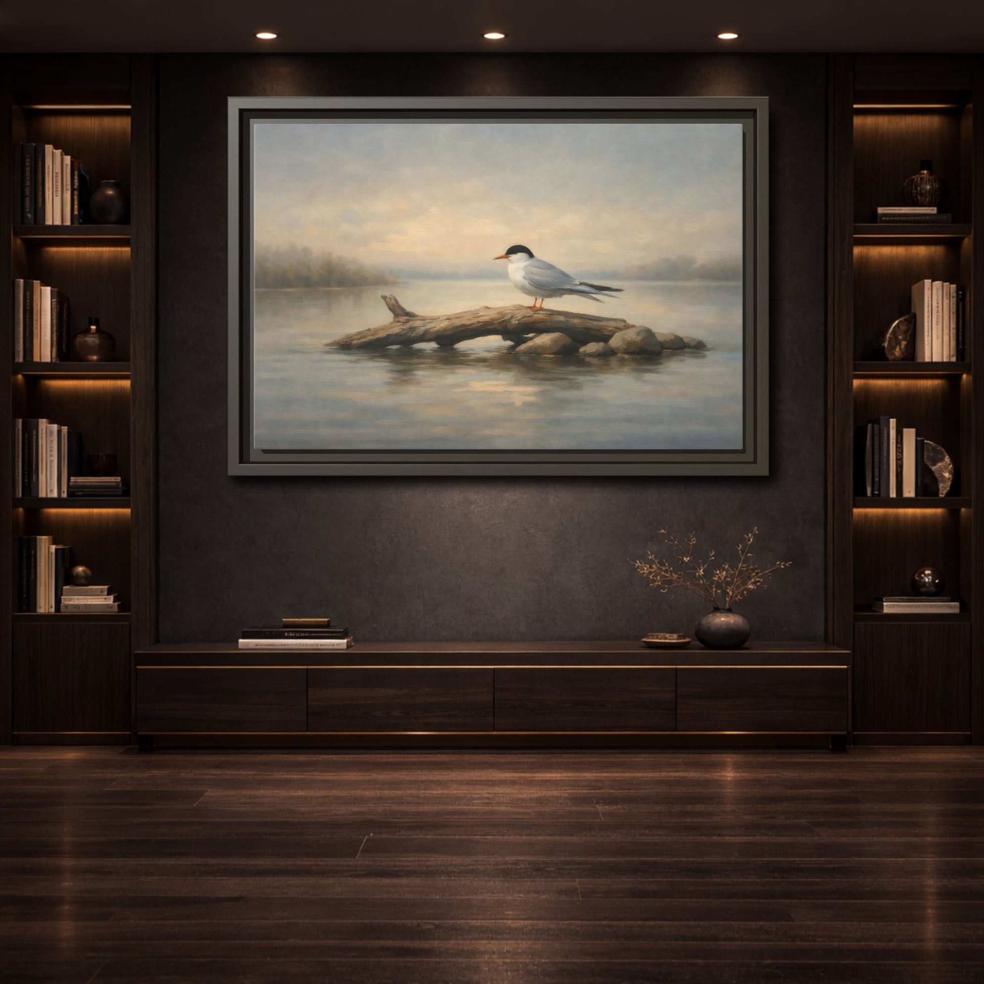 Mockup 3. Birds Bird On Log Misty Blue Bird shown as stretched canvas wall art