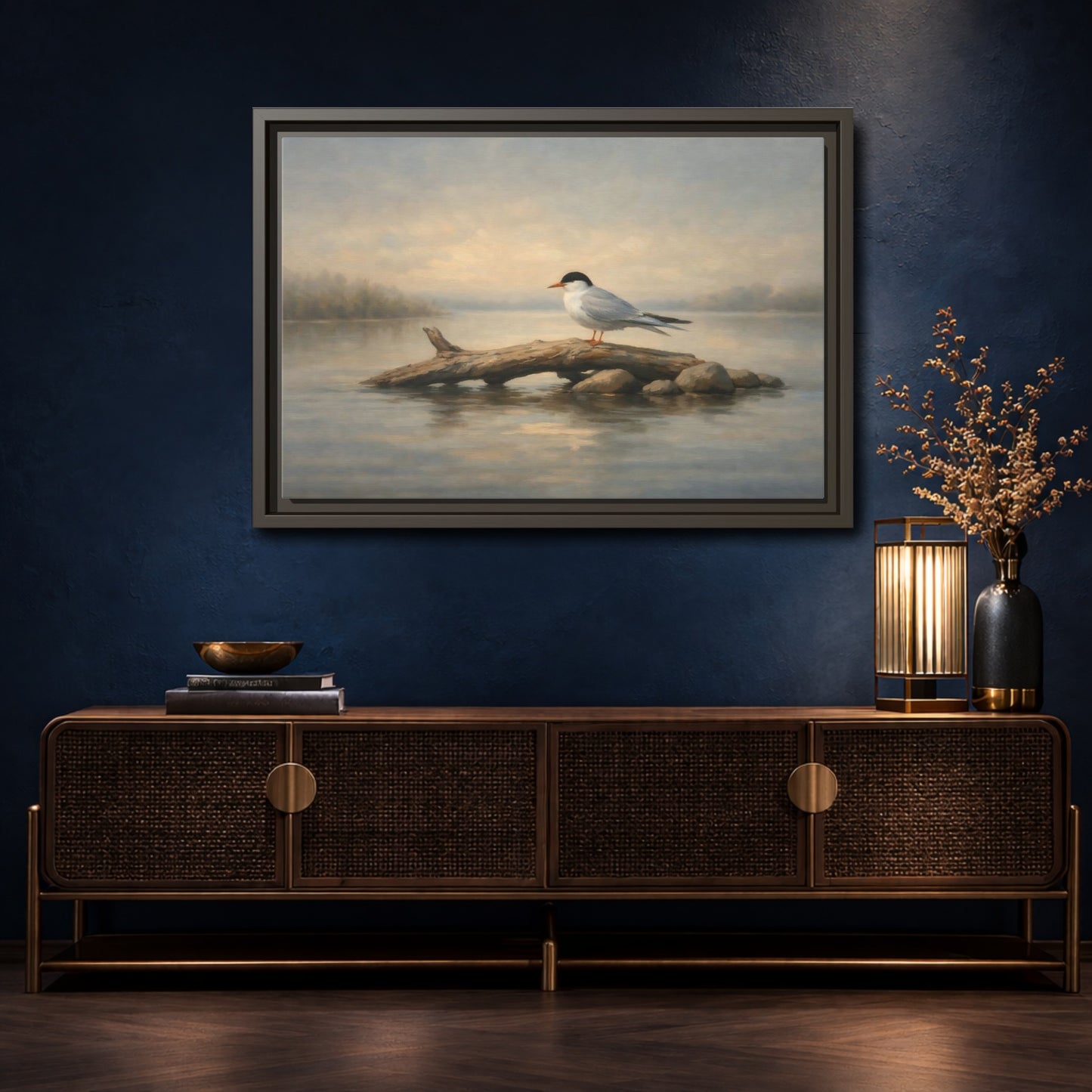 Mockup 4. Birds Bird On Log Misty Blue Bird shown as stretched canvas wall art