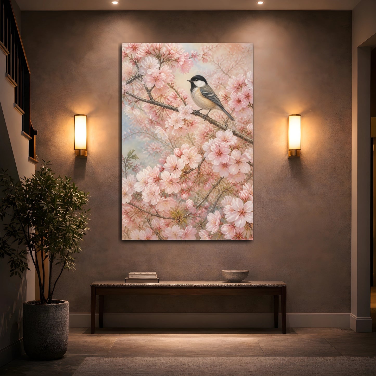 Mockup 2. Birds Bird Pink Cherry Blossom shown as canvas print