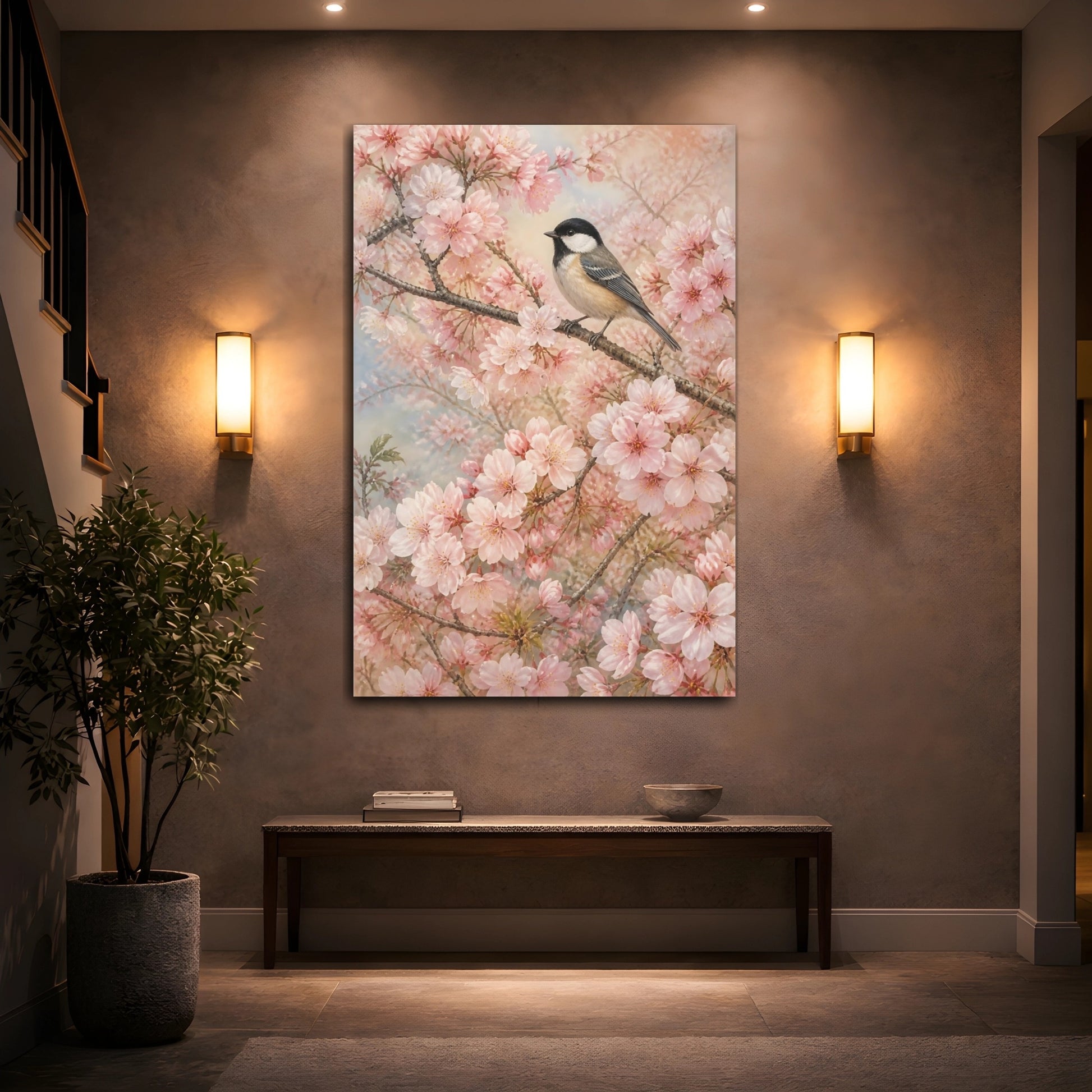 Mockup 2. Birds Bird Pink Cherry Blossom shown as canvas print