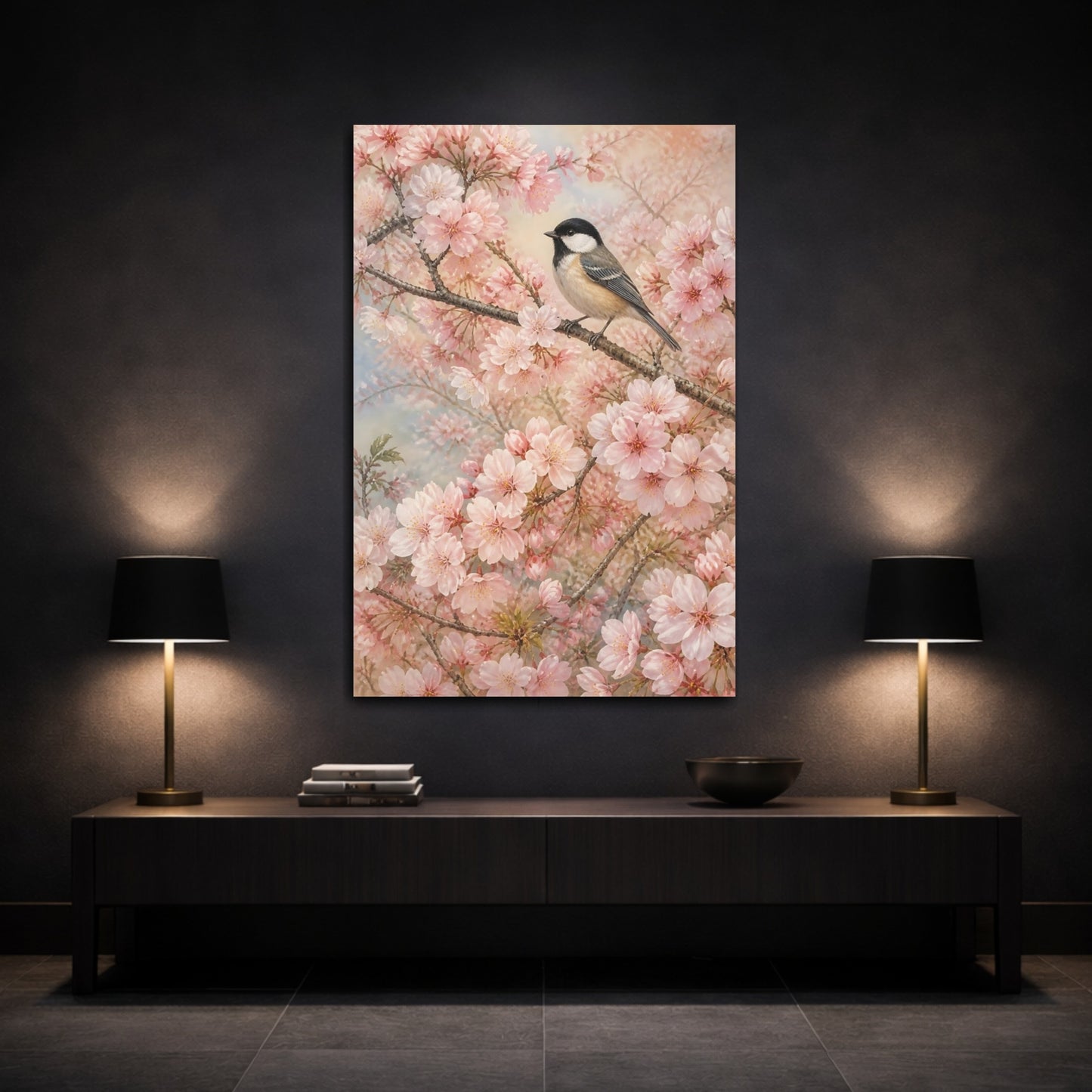 Mockup 3. Birds Bird Pink Cherry Blossom shown as canvas print