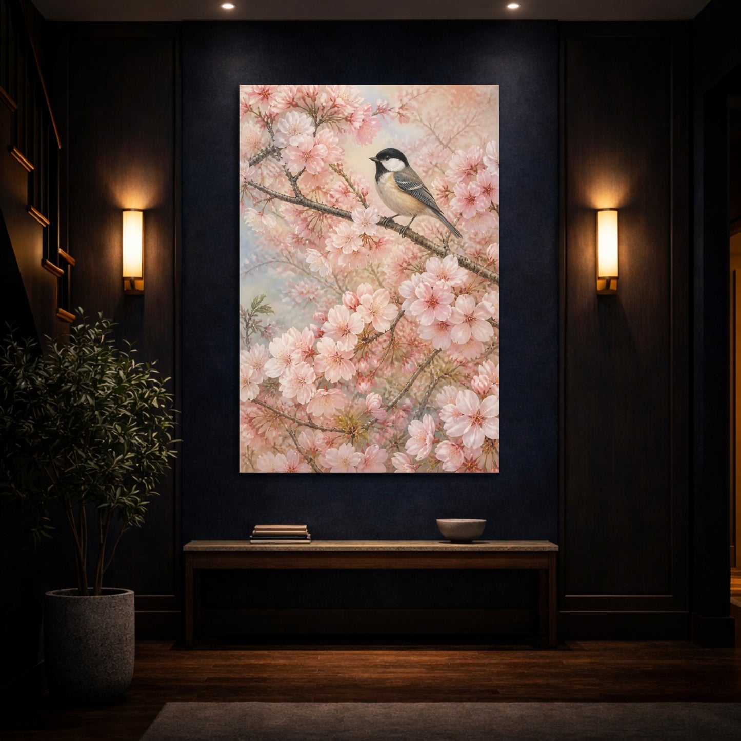 Mockup 4. Birds Bird Pink Cherry Blossom shown as canvas print