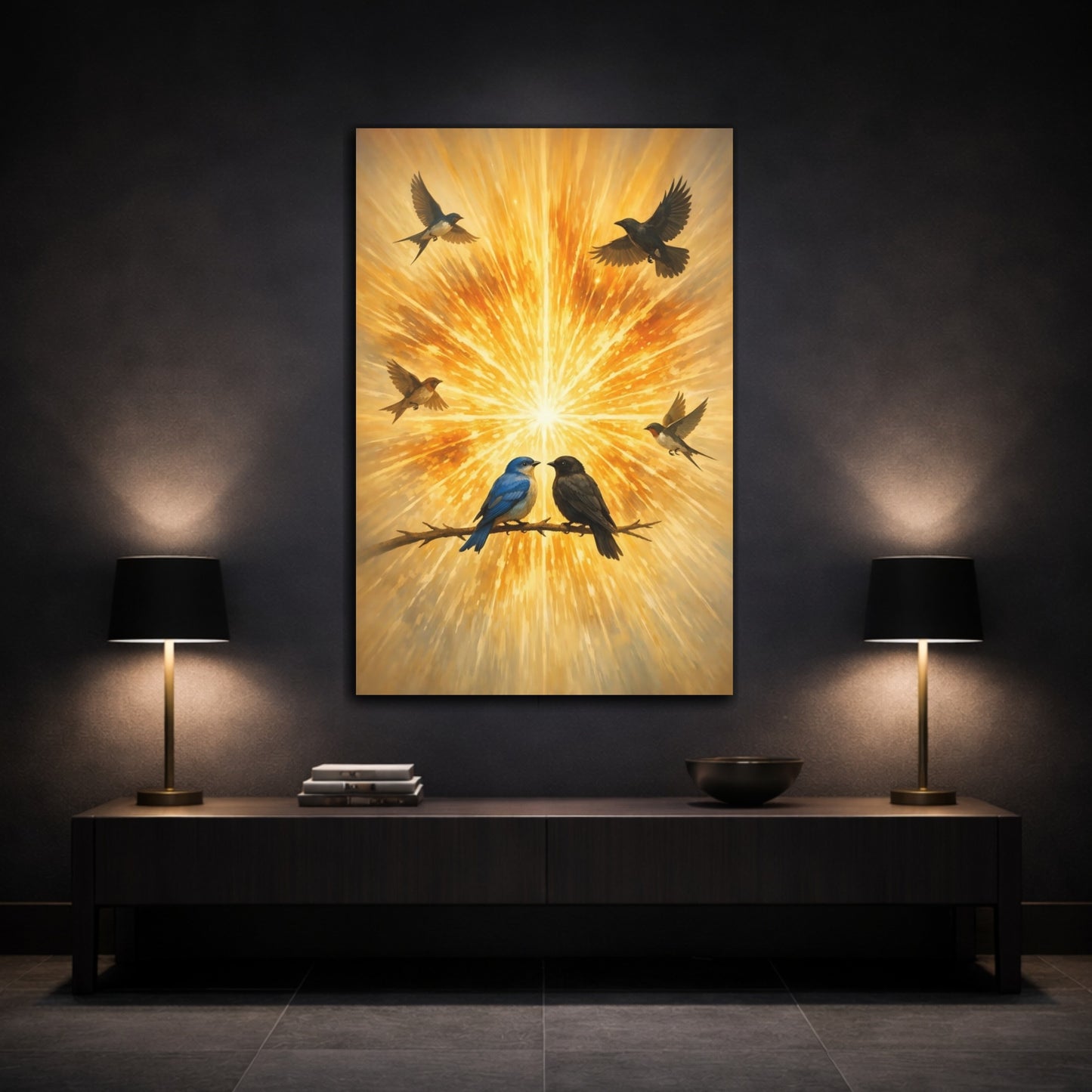 Mockup 2. Birds Birds Golden Birds shown as stretched canvas wall art