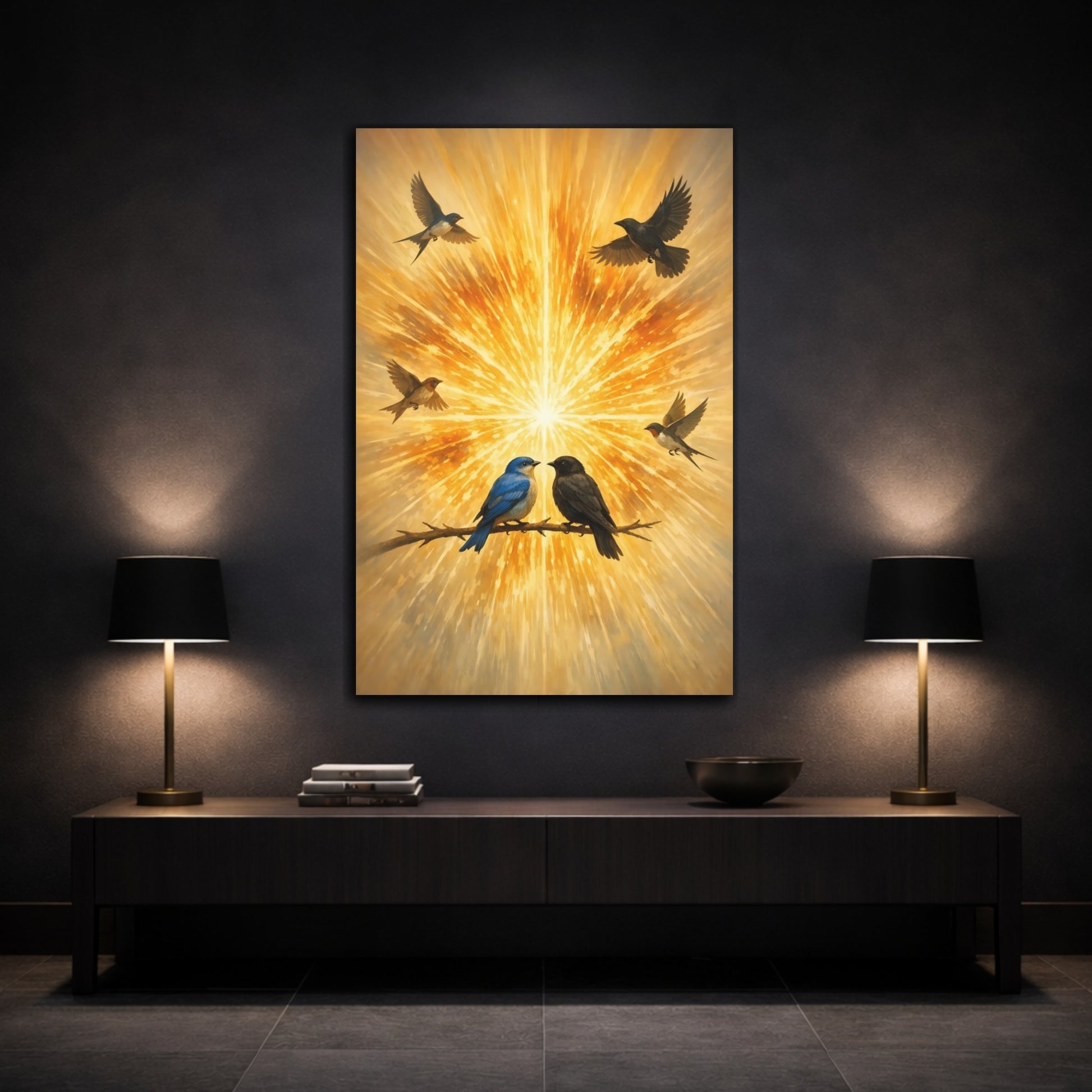 Mockup 2. Birds Birds Golden Birds shown as stretched canvas wall art