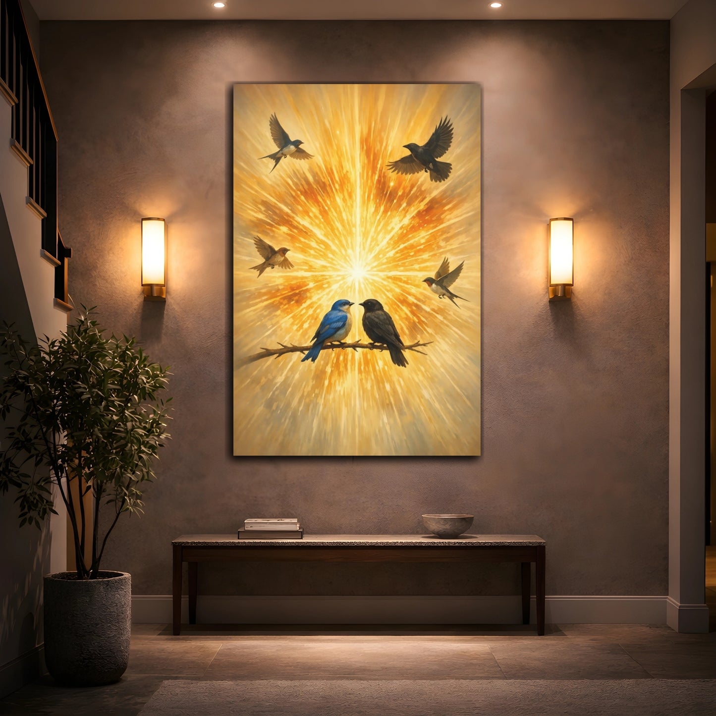 Mockup 3. Birds Birds Golden Birds shown as stretched canvas wall art