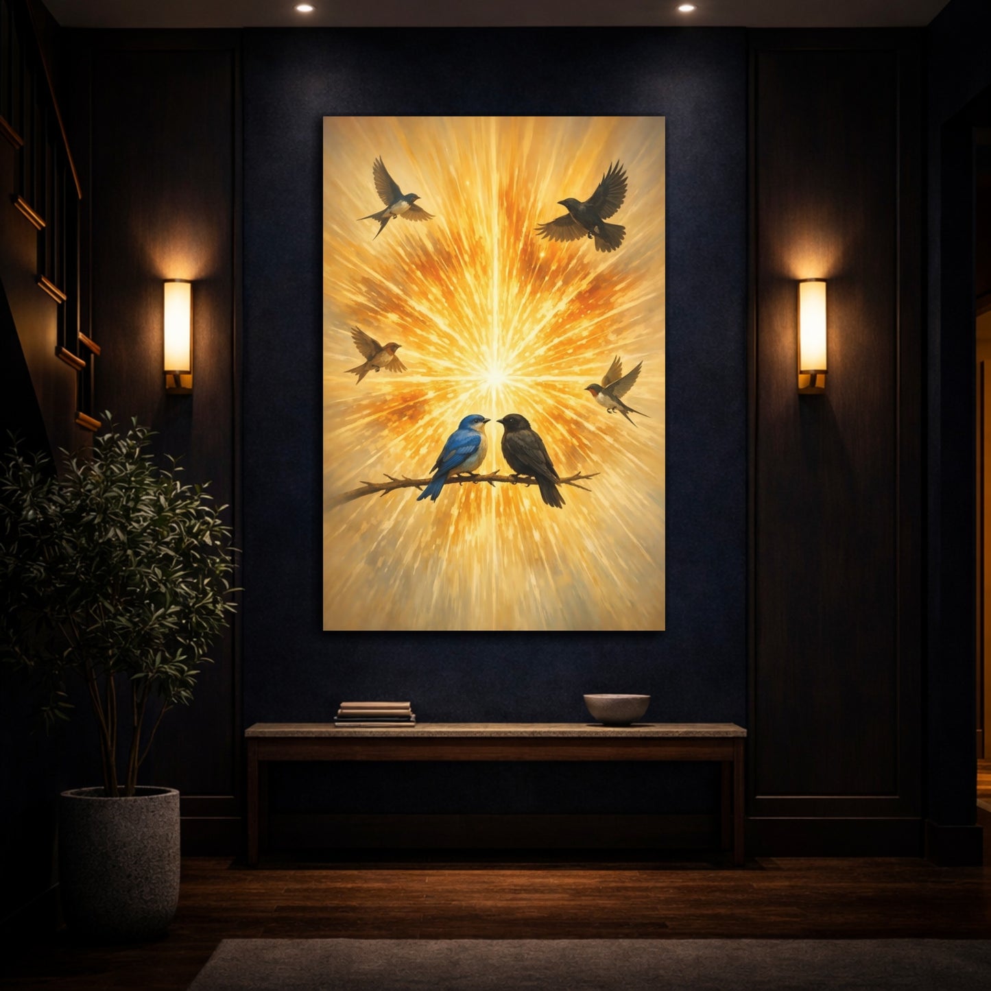 Mockup 4. Birds Birds Golden Birds shown as stretched canvas wall art