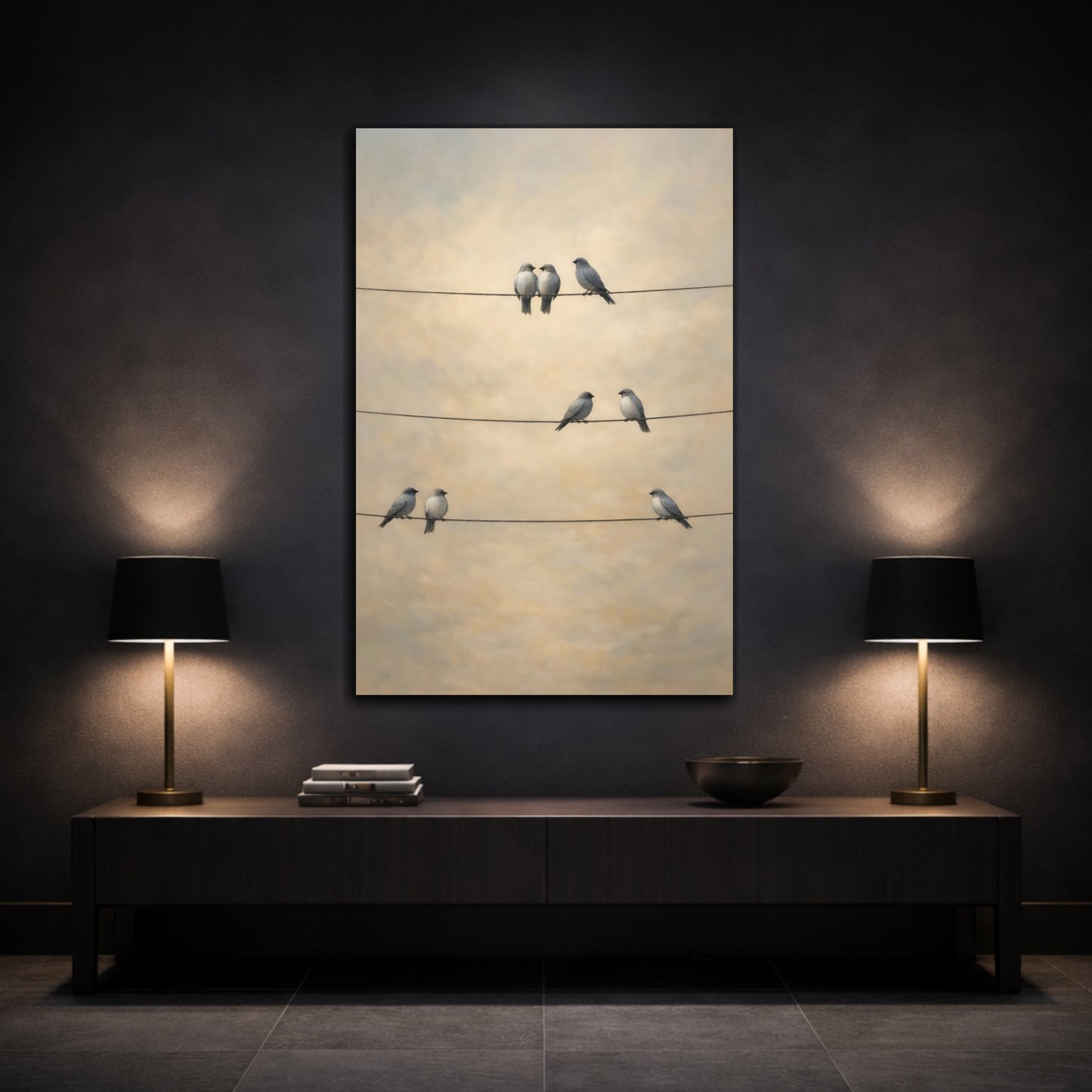 Mockup 2. Birds Birds Gray Birds Beige shown as stretched canvas wall art